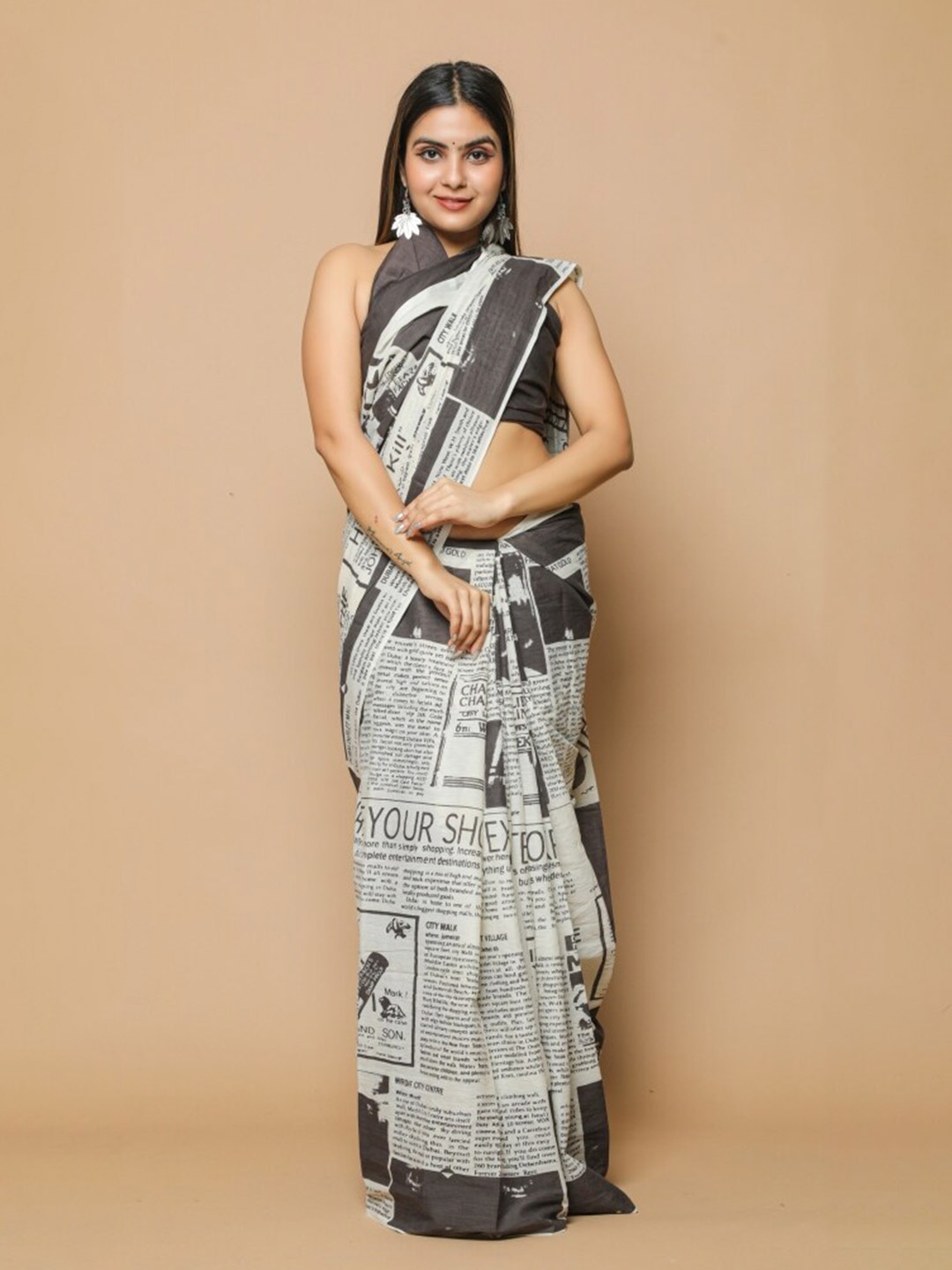 

Sanganeri Print Abstract Printed Pure Cotton Block Print Saree, Black