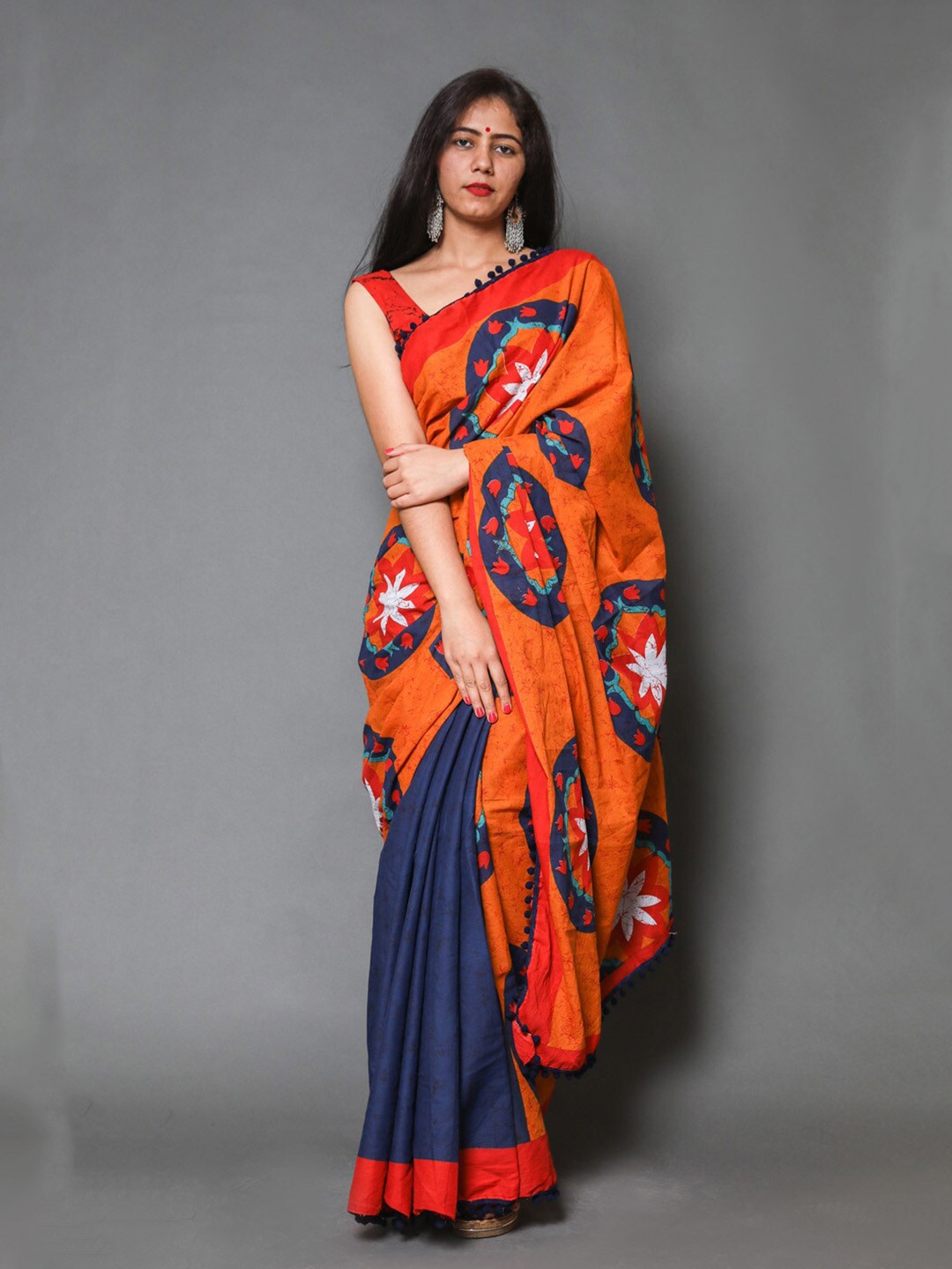 

Sanganeri Print Floral Pure Cotton Ikat Saree, Orange