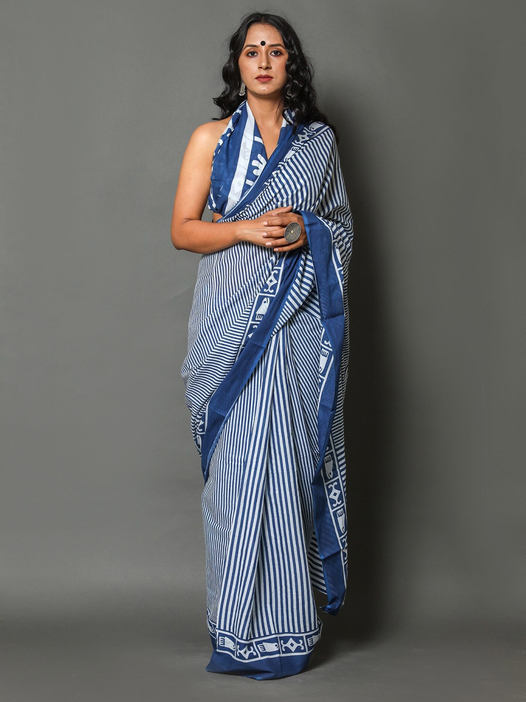 

Sanganeri Print Striped Pure Cotton Block Print Saree, Blue