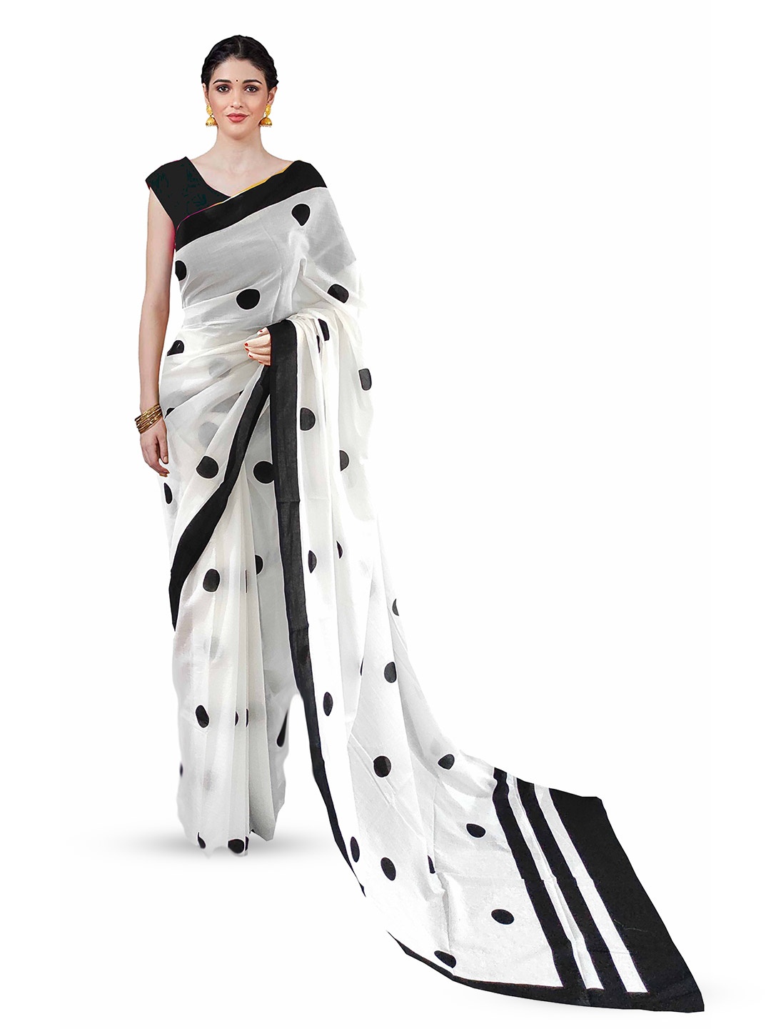 

Sanganeri Print Polka Dot Printed Pure Cotton Block Print Saree, White