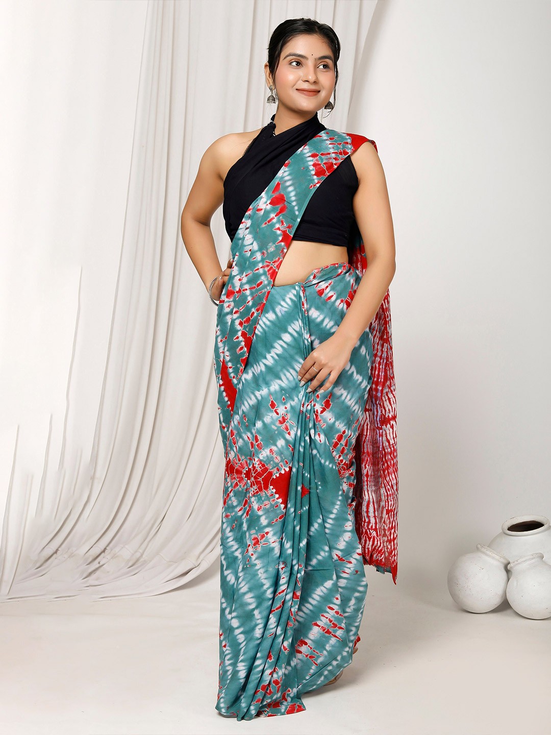 

Sanganeri Print Tie and Dye Pure Cotton Bagru Saree, Green
