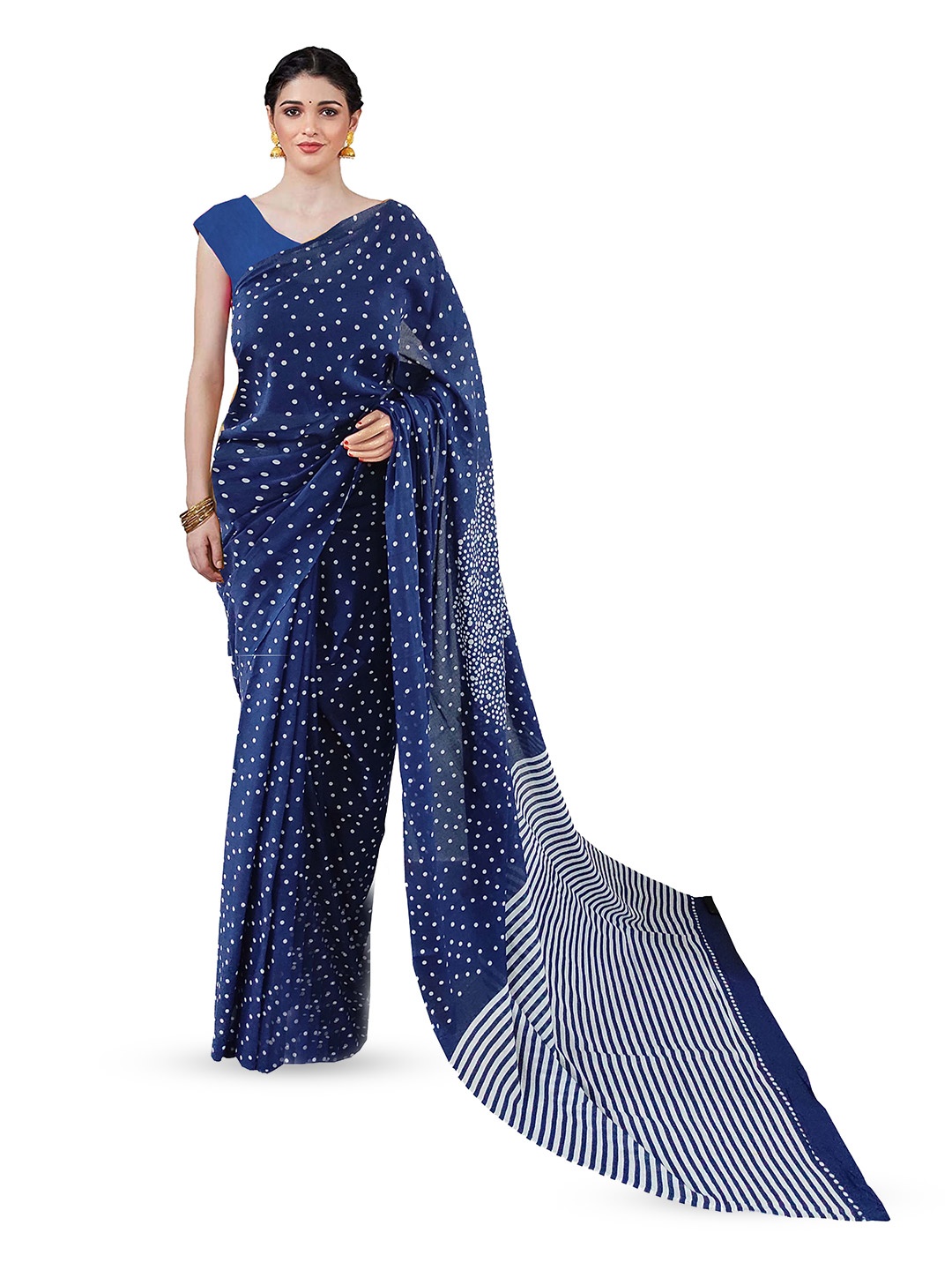 

Sanganeri Print Polka Dot Pure Cotton Block Print Saree, Blue