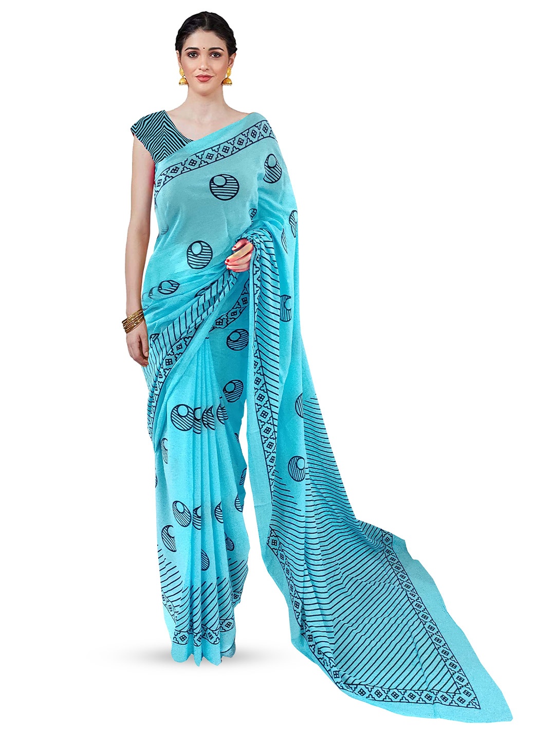 

Sanganeri Print Geometric Printed Pure Cotton Block Print Saree, Turquoise blue