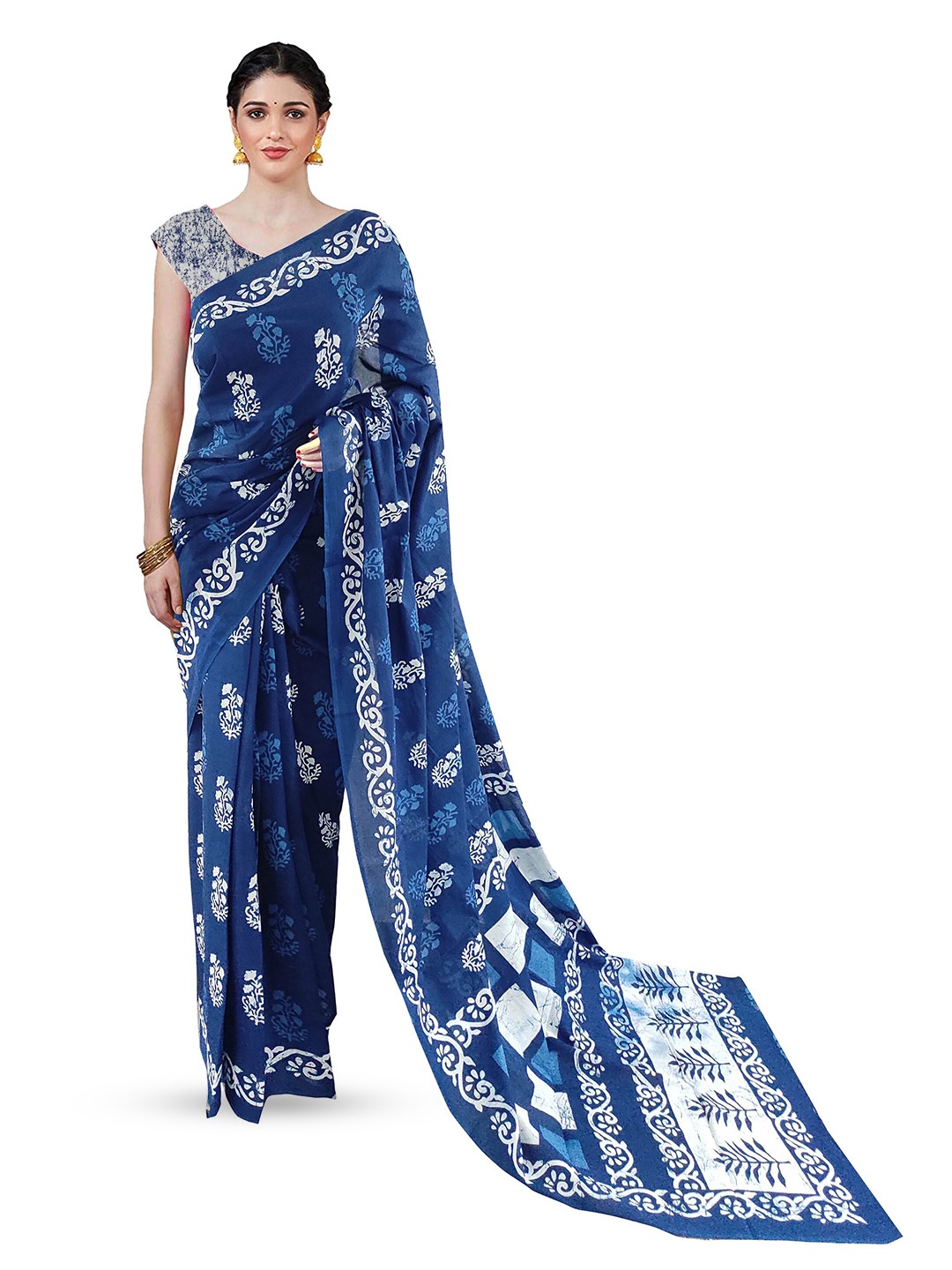 

Sanganeri Print Floral Pure Cotton Block Print Saree, Blue