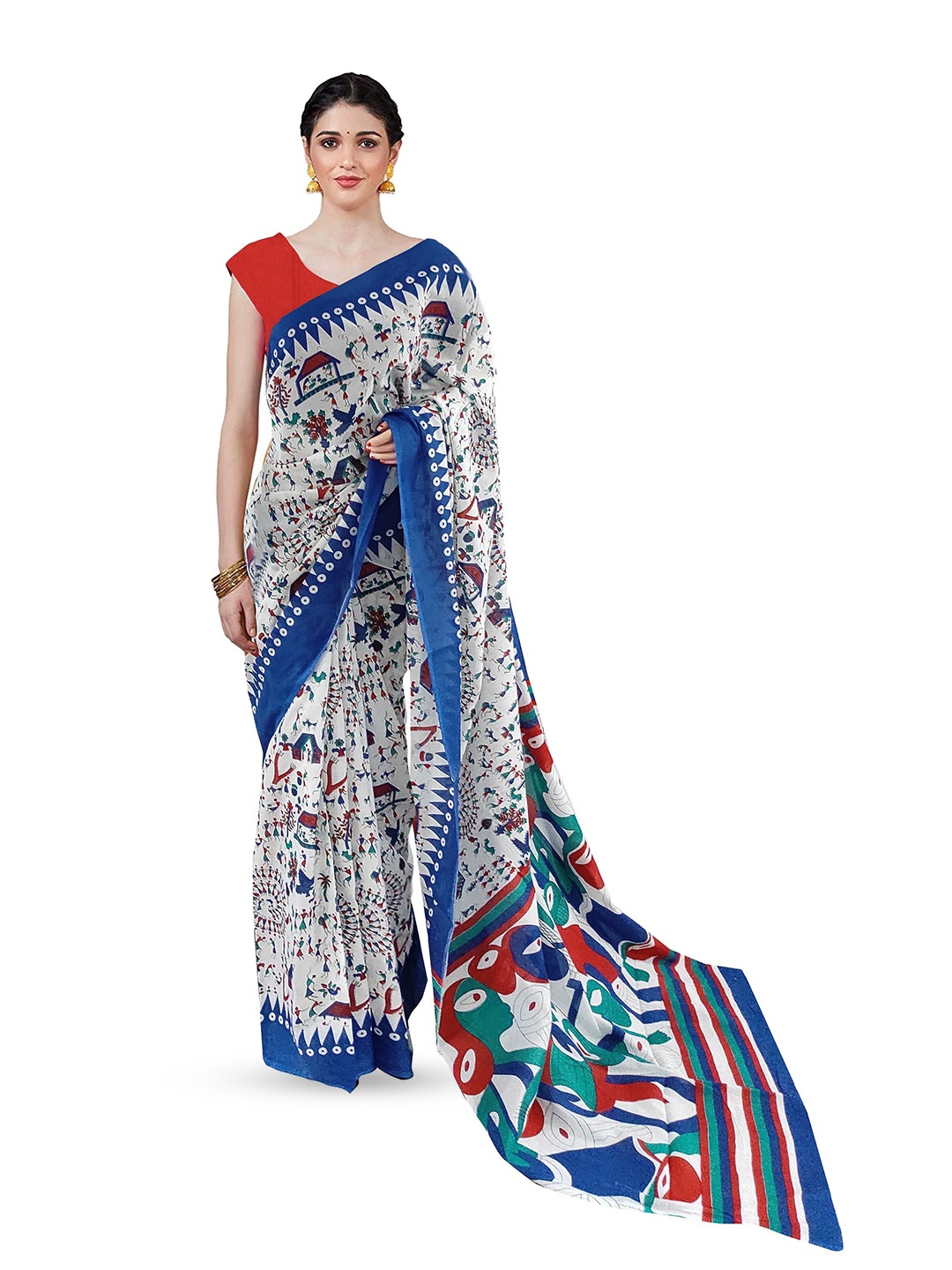 

Sanganeri Print Warli Pure Cotton Block Print Saree, Blue