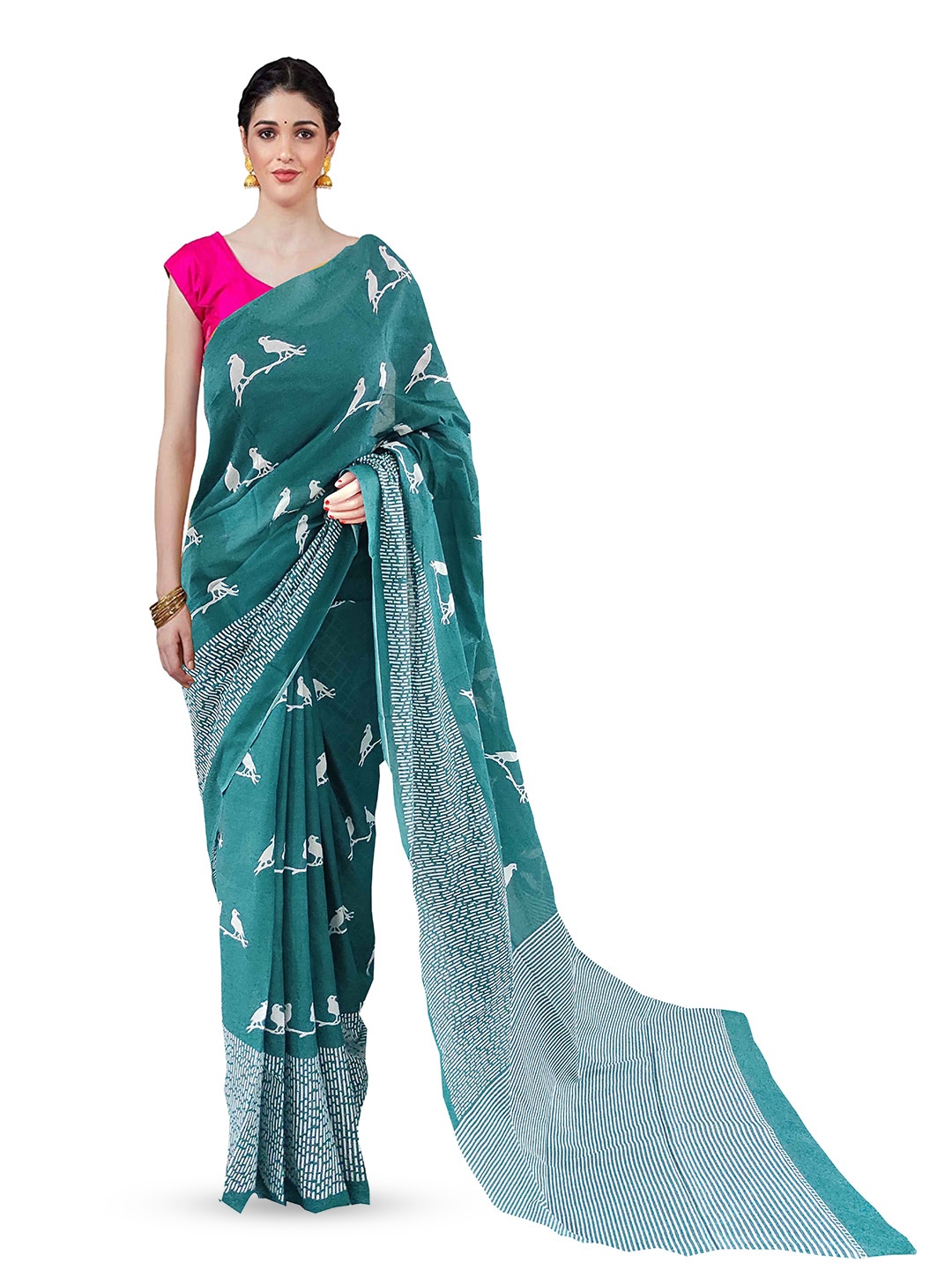 

Sanganeri Print Ethnic Motifs Printed Pure Cotton Block Print Saree, Turquoise blue