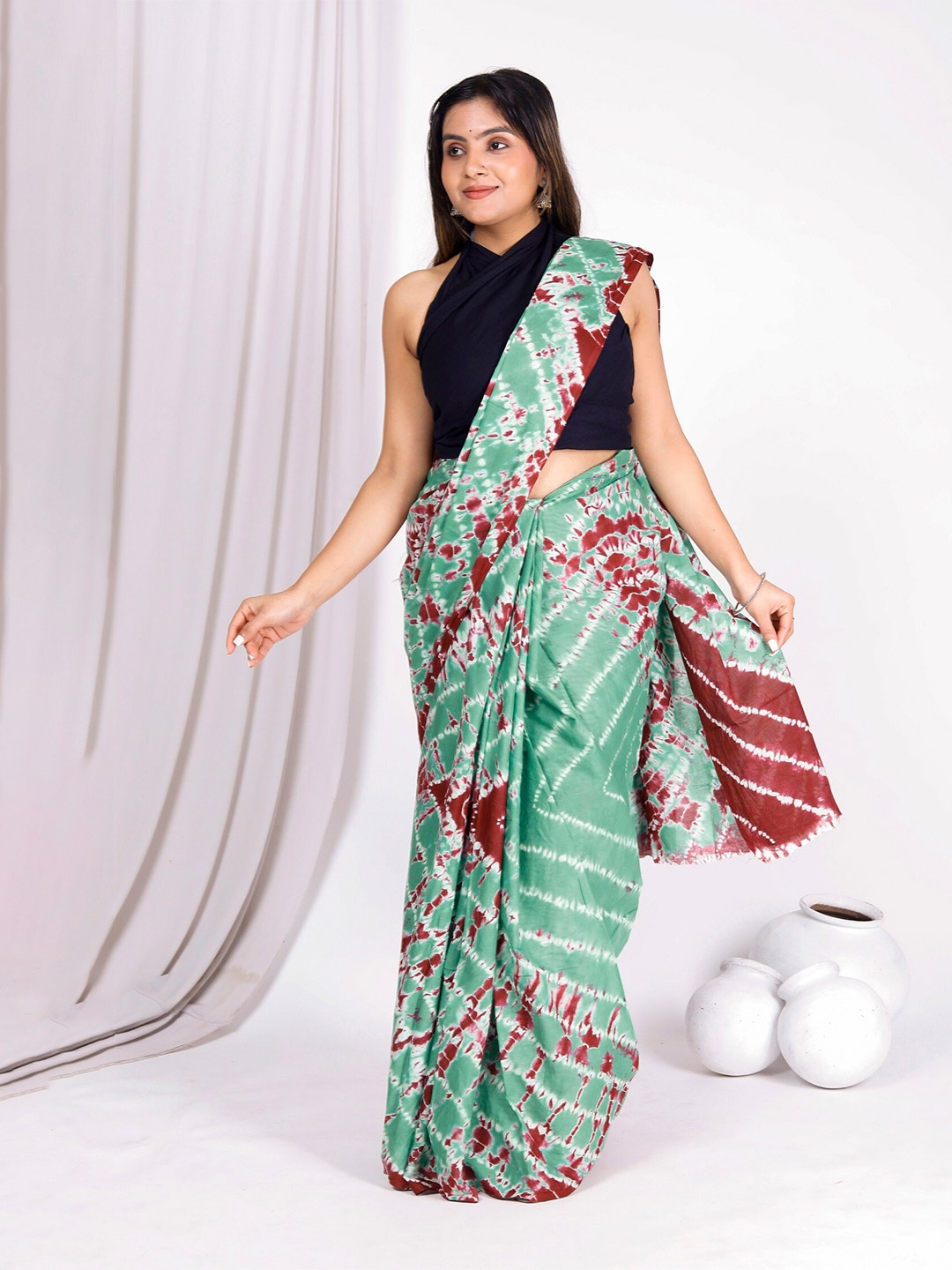 

Sanganeri Print Tie and Dye Pure Cotton Bagru Saree, Green