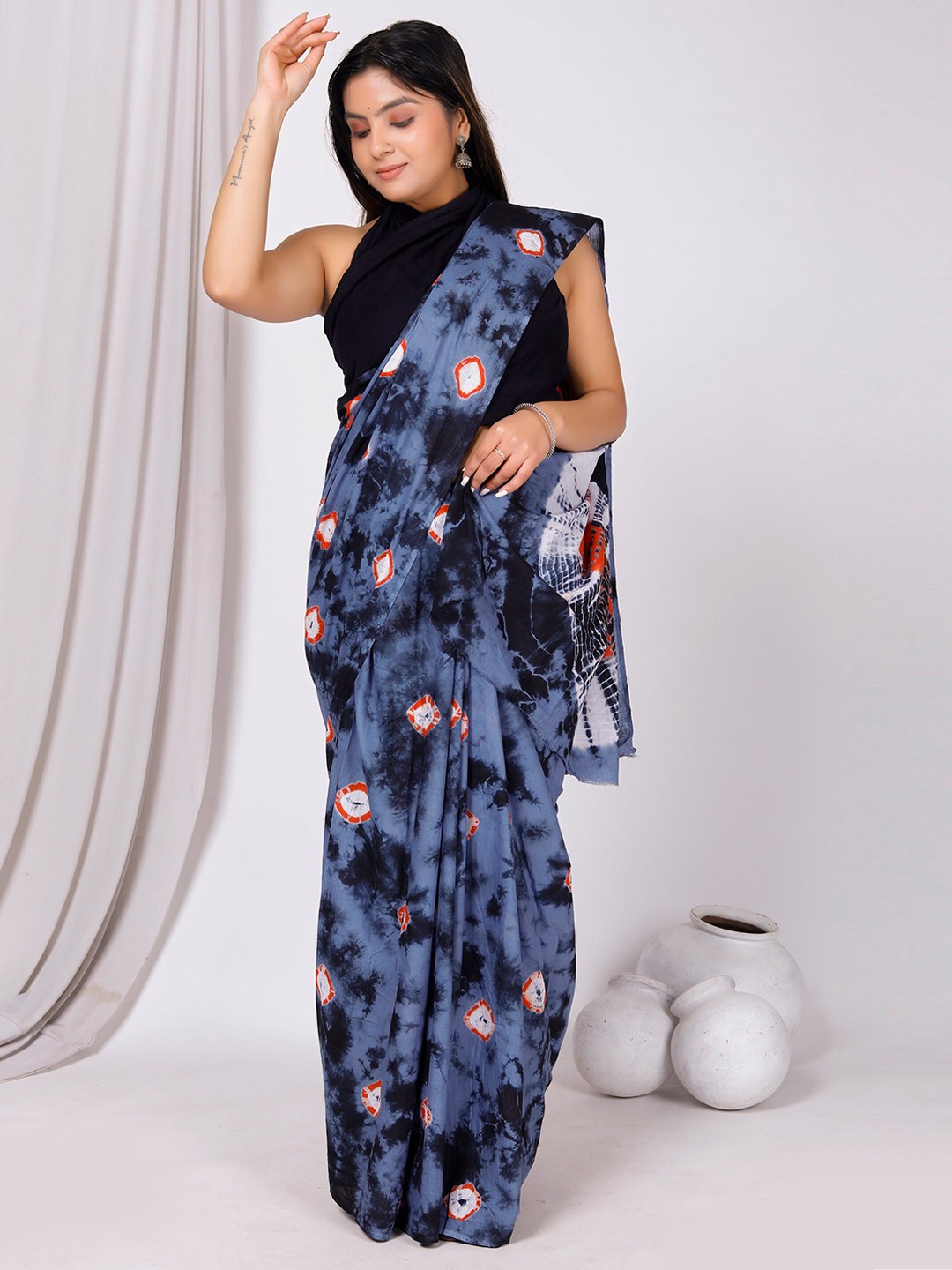 

Sanganeri Print Tie and Dye Pure Cotton Bagru Saree, Purple