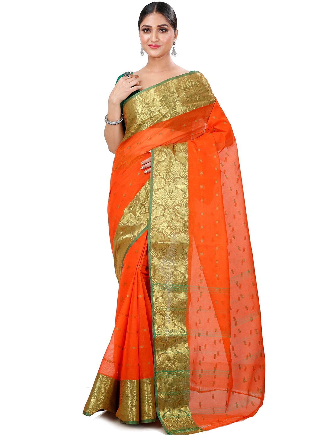 

DipDiya Ethnic Motifs Zari Pure Cotton Taant Saree, Orange