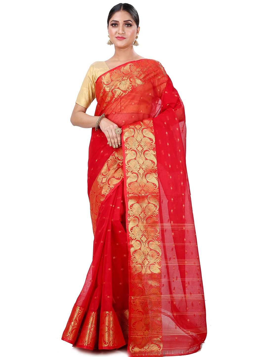 

DipDiya Woven Design Zari Pure Cotton Taant Saree, Red