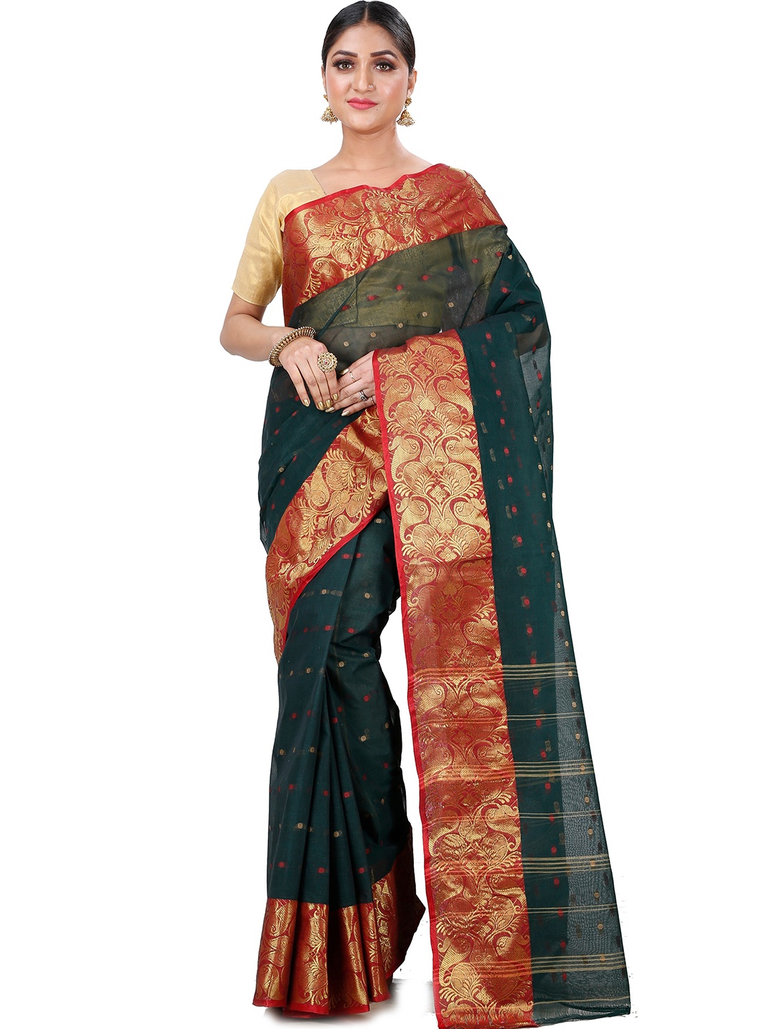 

DipDiya Ethnic Motifs Woven Design Zari Pure Cotton Taant Saree, Green