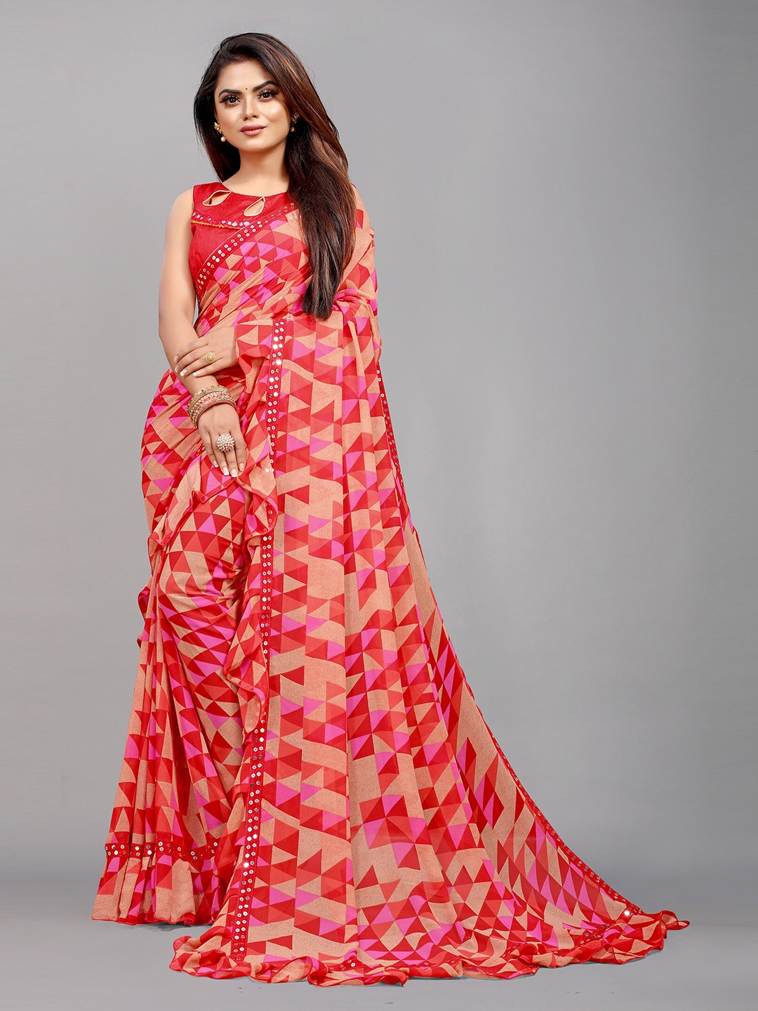 

Reeta Fashion Geometric Printed Embroidered Pure Georgette Saree, Red