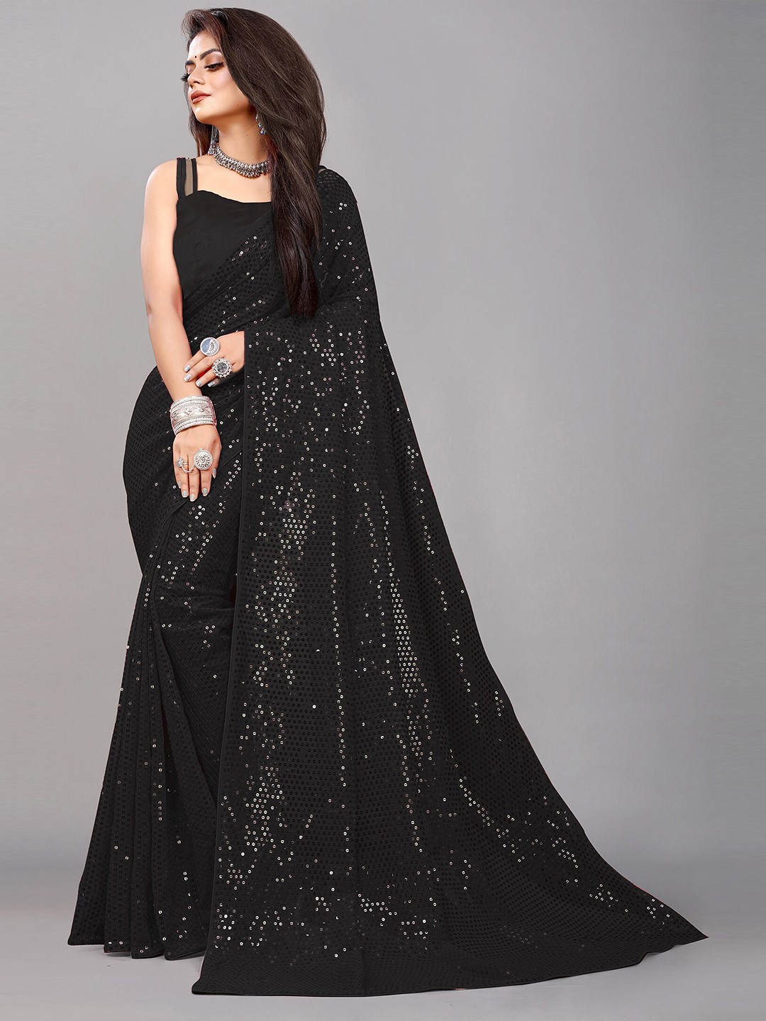 

Reeta Fashion Embellished Sequinned Pure Georgette Saree, Black