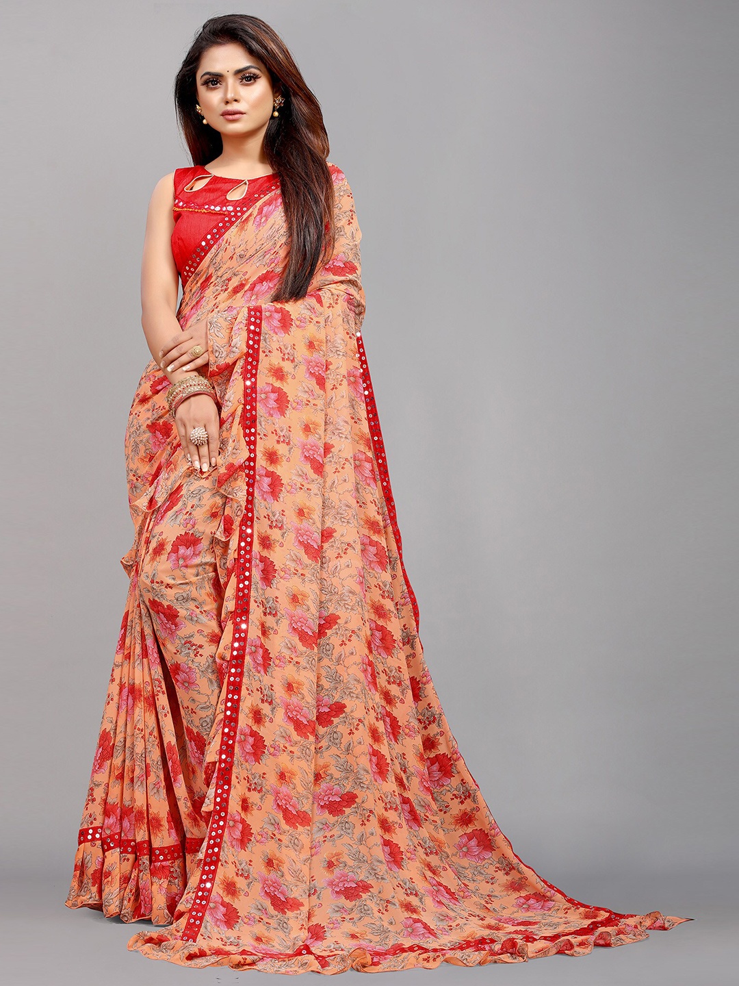 

Reeta Fashion Floral Printed Embroidered Pure Georgette Saree, Peach