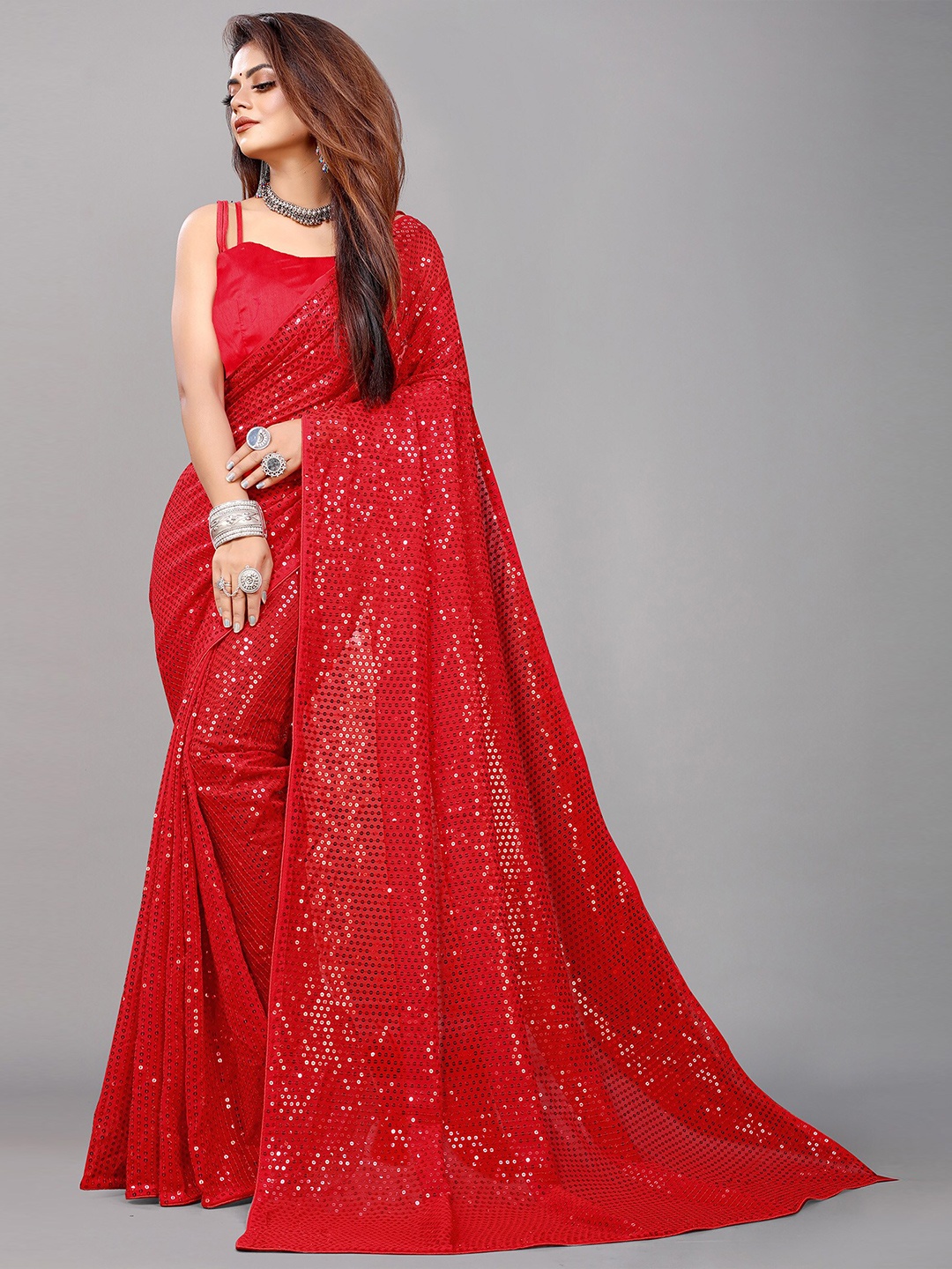 

Reeta Fashion Embellished Sequinned Pure Georgette Saree, Red