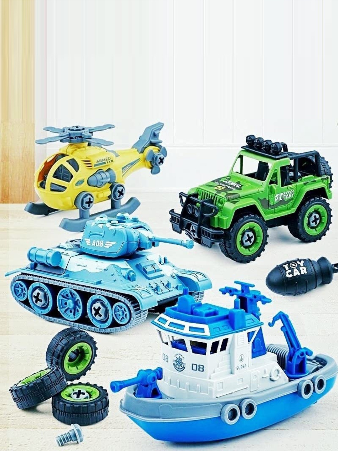 

ADKD Kids Pack Of 4 Diy Military Army Foldable Vehicles Toy With Screwdriver, Blue