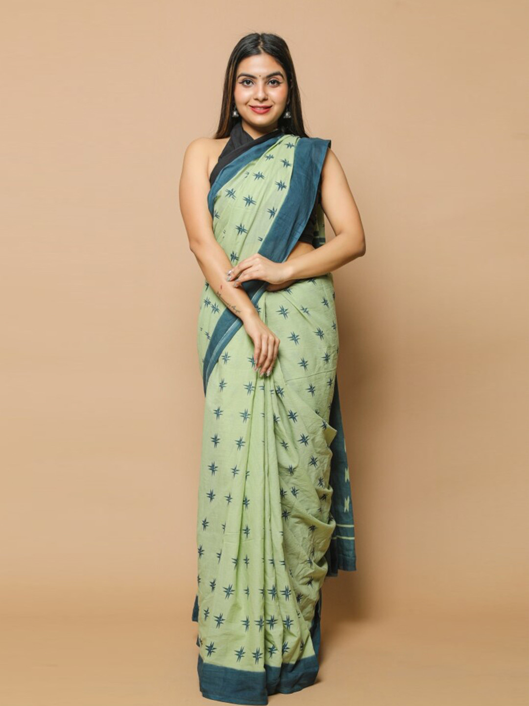 

JAIPURI BLOCK PRINT Geometric Printed Pure Cotton Saree, Green