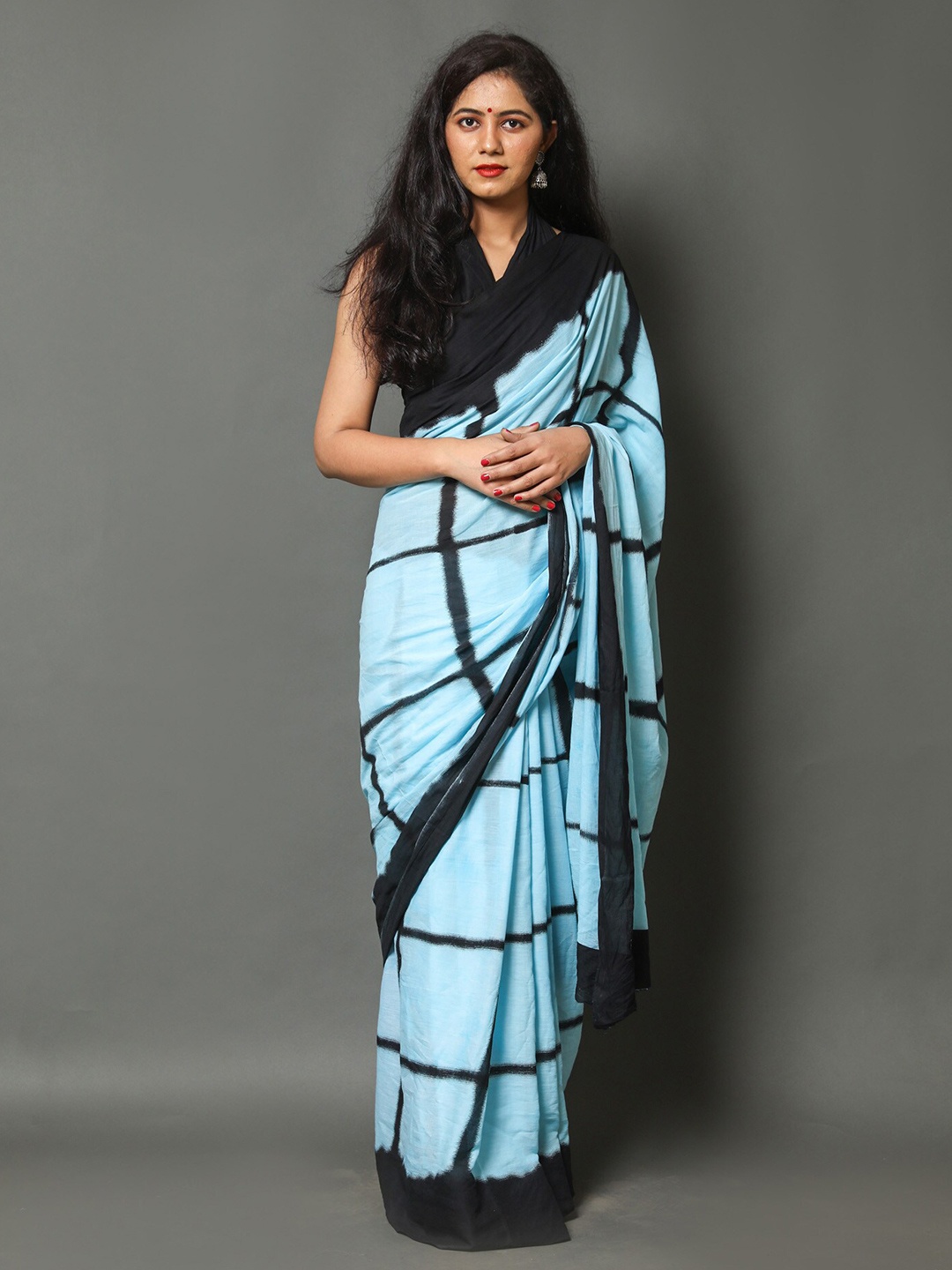 

JAIPURI BLOCK PRINT Checked Pure Cotton Bagru Saree, Turquoise blue