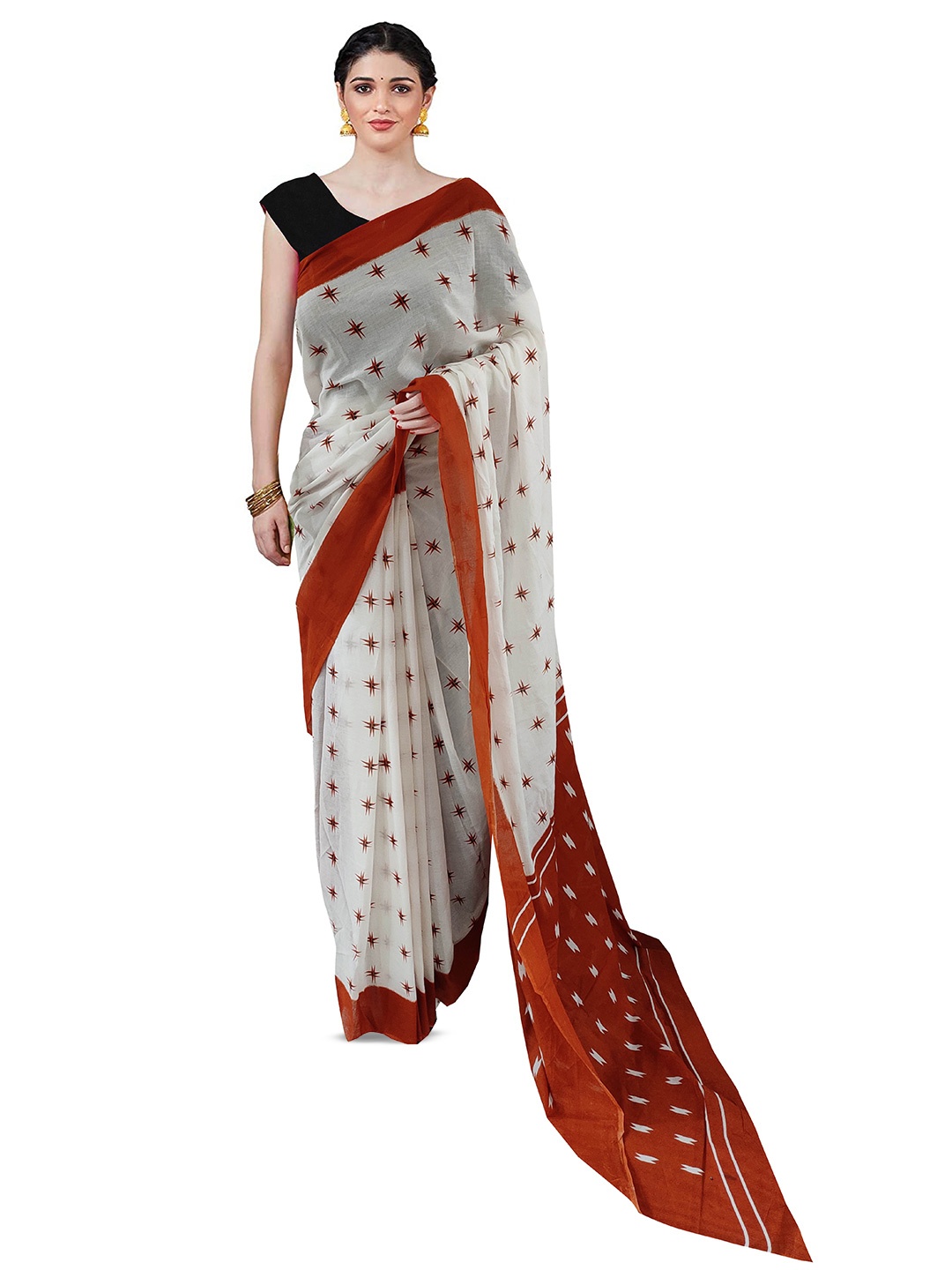 

JAIPURI BLOCK PRINT Geometric Printed Pure Cotton Saree, Off white