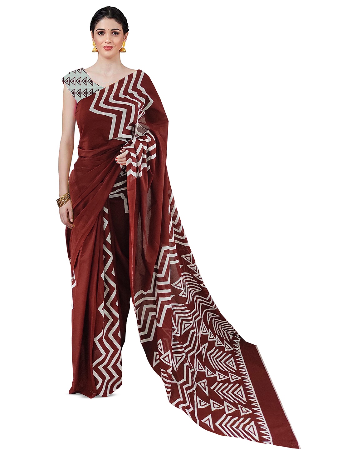 

JAIPURI BLOCK PRINT Ethnic Motifs Printed Pure Cotton Saree, Maroon