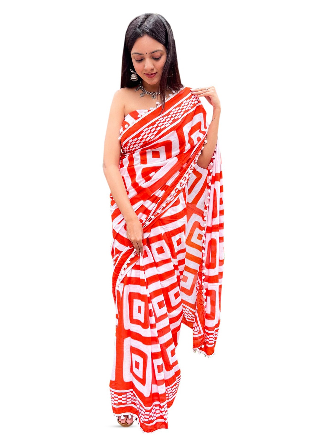 

JAIPURI BLOCK PRINT Geometric Printed Pure Cotton Bagru Saree, Orange