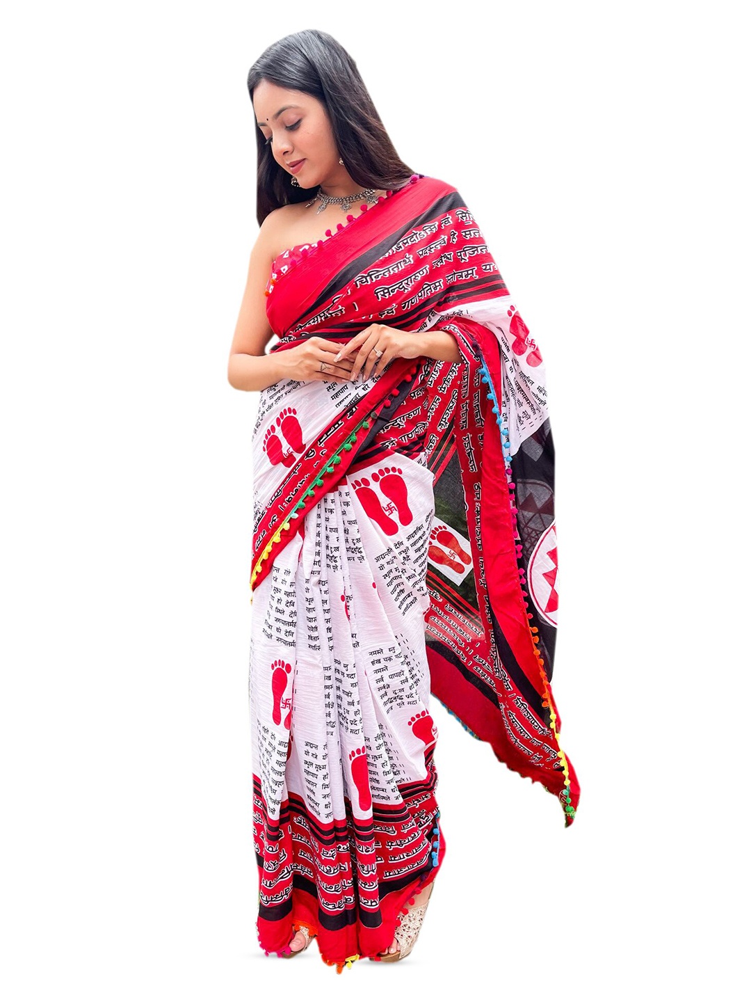 

JAIPURI BLOCK PRINT Ethnic Motifs Mulmul Cotton Block Print Saree, Red