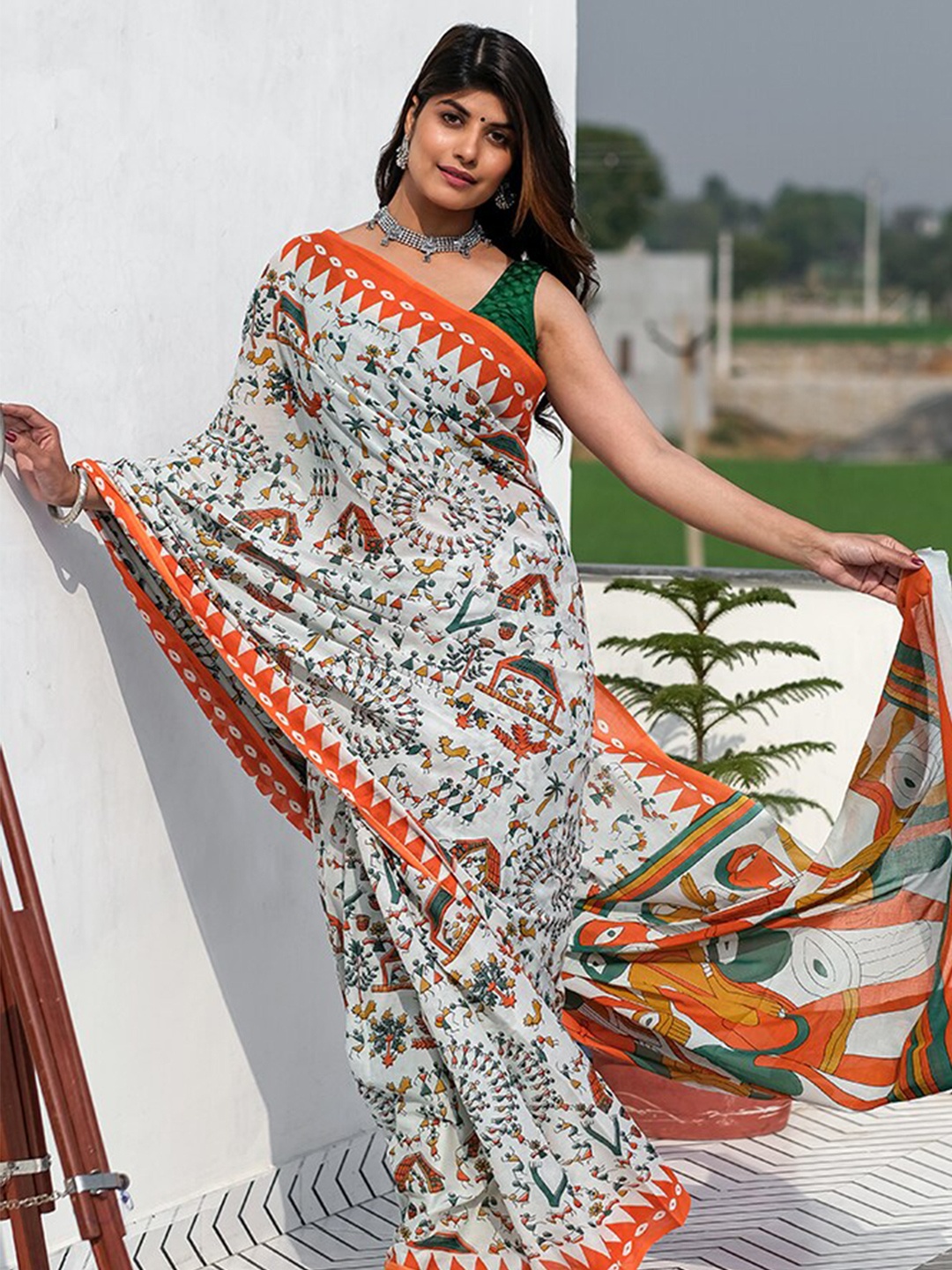 

JAIPURI BLOCK PRINT Warli Printed Pure Cotton Bagru Saree, Orange