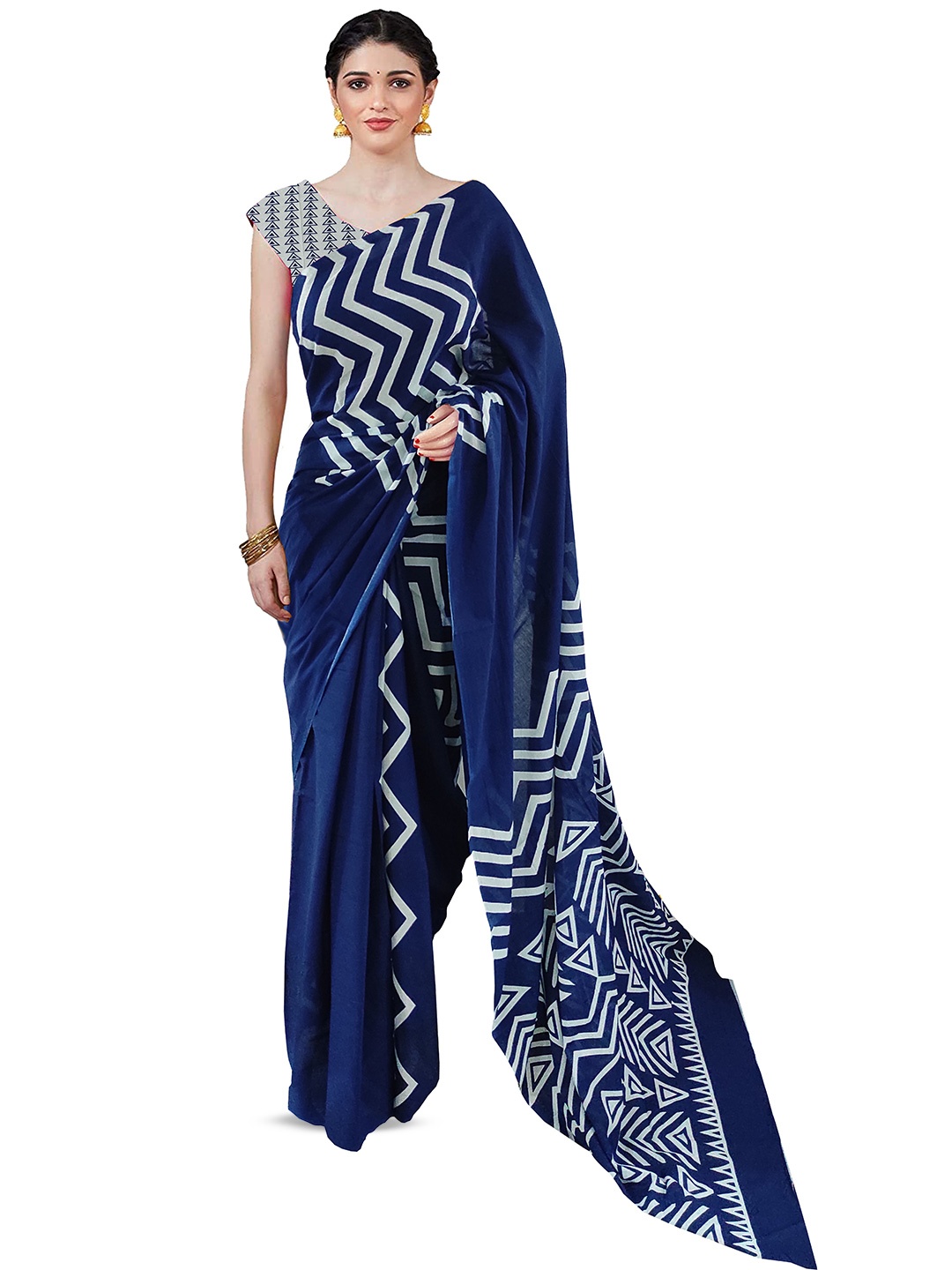 

JAIPURI BLOCK PRINT Chevron Printed Pure Cotton Saree, Navy blue