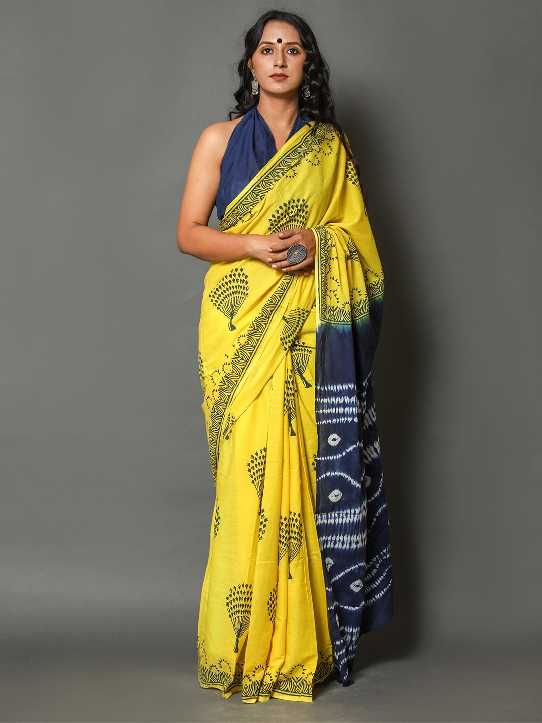 

JAIPURI BLOCK PRINT Ethnic Motifs Printed Pure Cotton Block Print Saree, Yellow