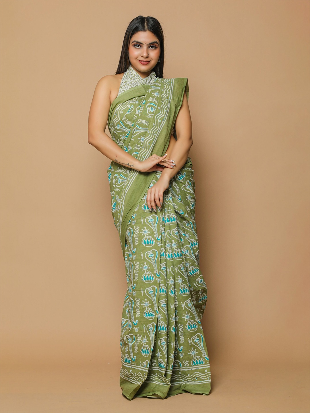 

JAIPURI BLOCK PRINT Ethnic Motif Printed Pure Cotton Saree, Green