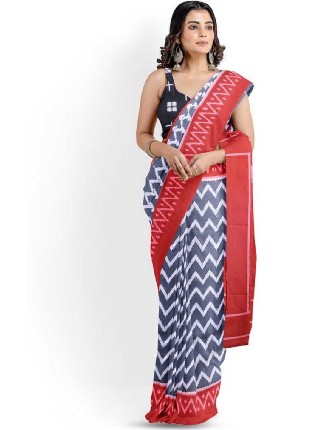

JAIPURI BLOCK PRINT Chevron Printed Pure Cotton Bagru Saree, Grey