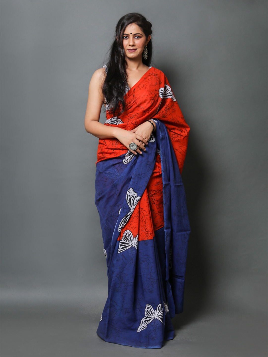 

JAIPURI BLOCK PRINT Ethnic Motifs Printed Pure Cotton Bagru Saree, Blue