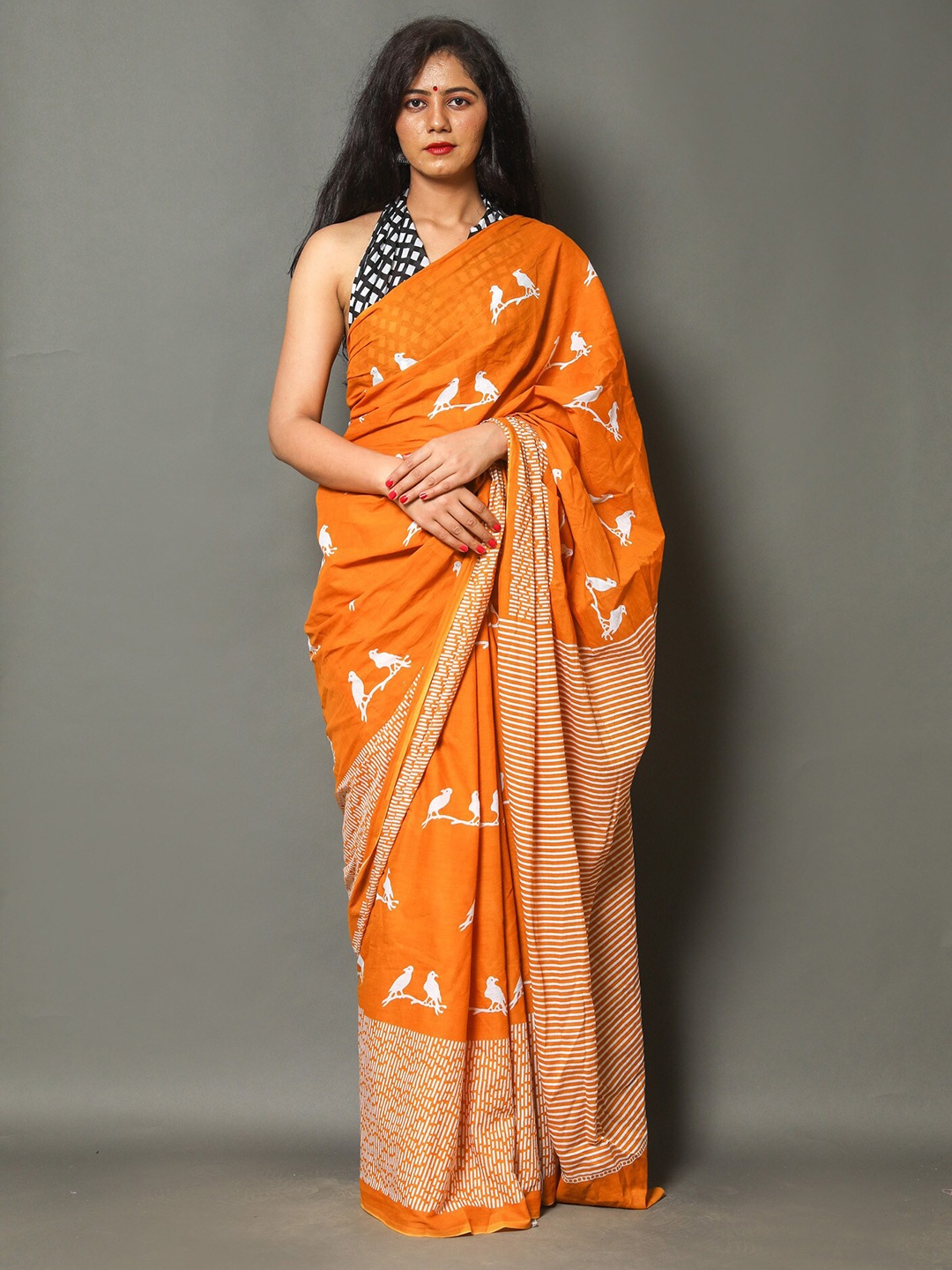 

JAIPURI BLOCK PRINT Abstract Printed Pure Cotton Saree, Orange