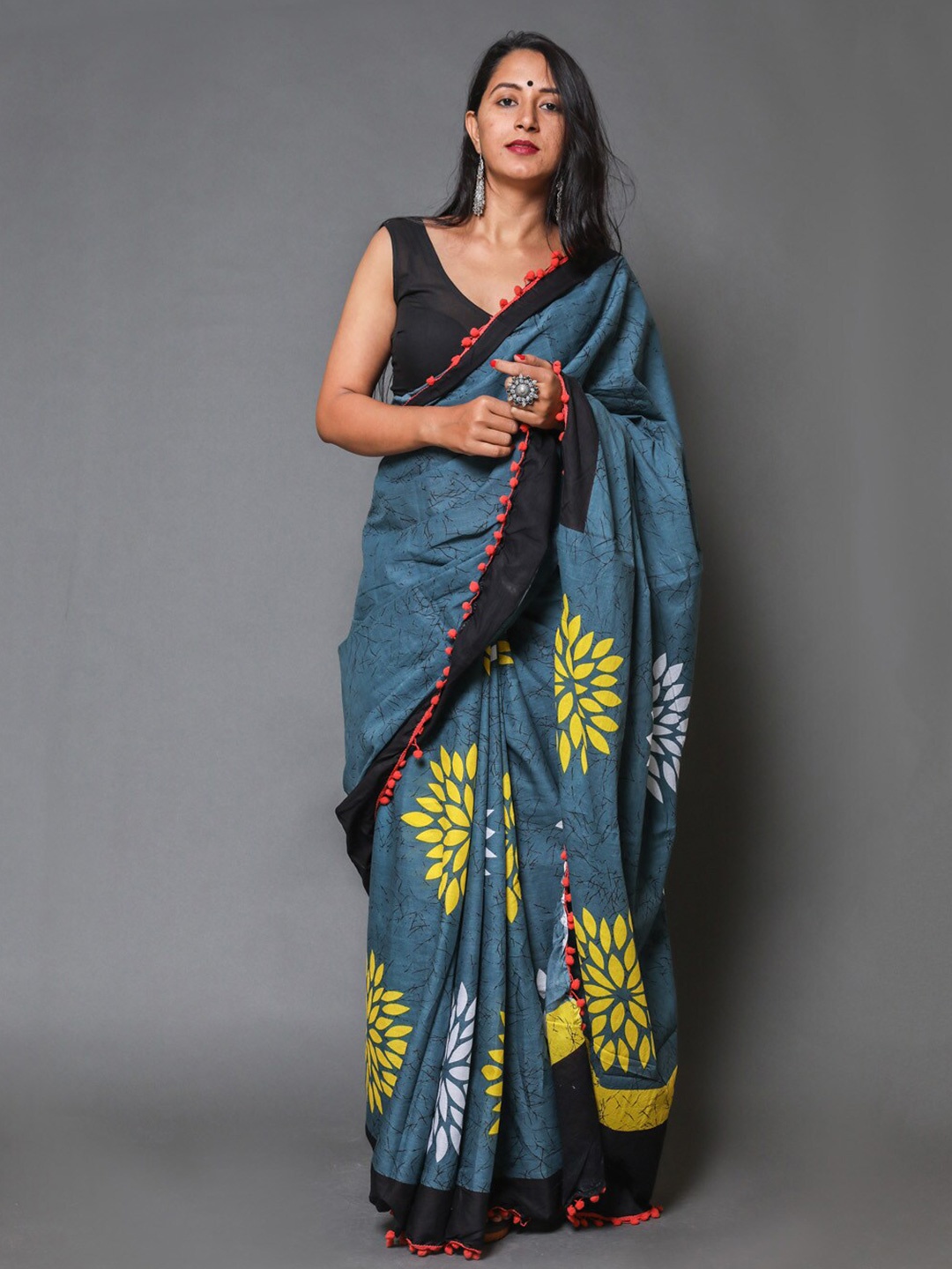 

JAIPURI BLOCK PRINT Ethnic Motifs Printed Pure Cotton Block Print Saree, Blue