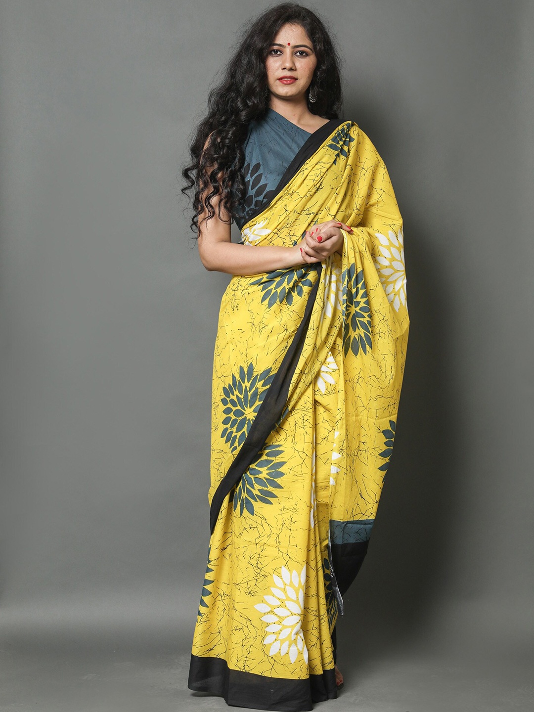 

JAIPURI BLOCK PRINT Floral Printed Pure Cotton Saree, Yellow