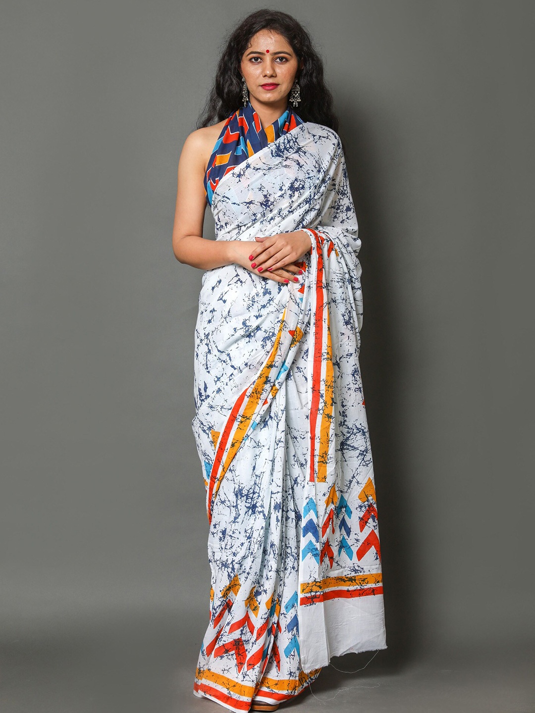 

JAIPURI BLOCK PRINT Abstract Printed Pure Cotton Saree, White