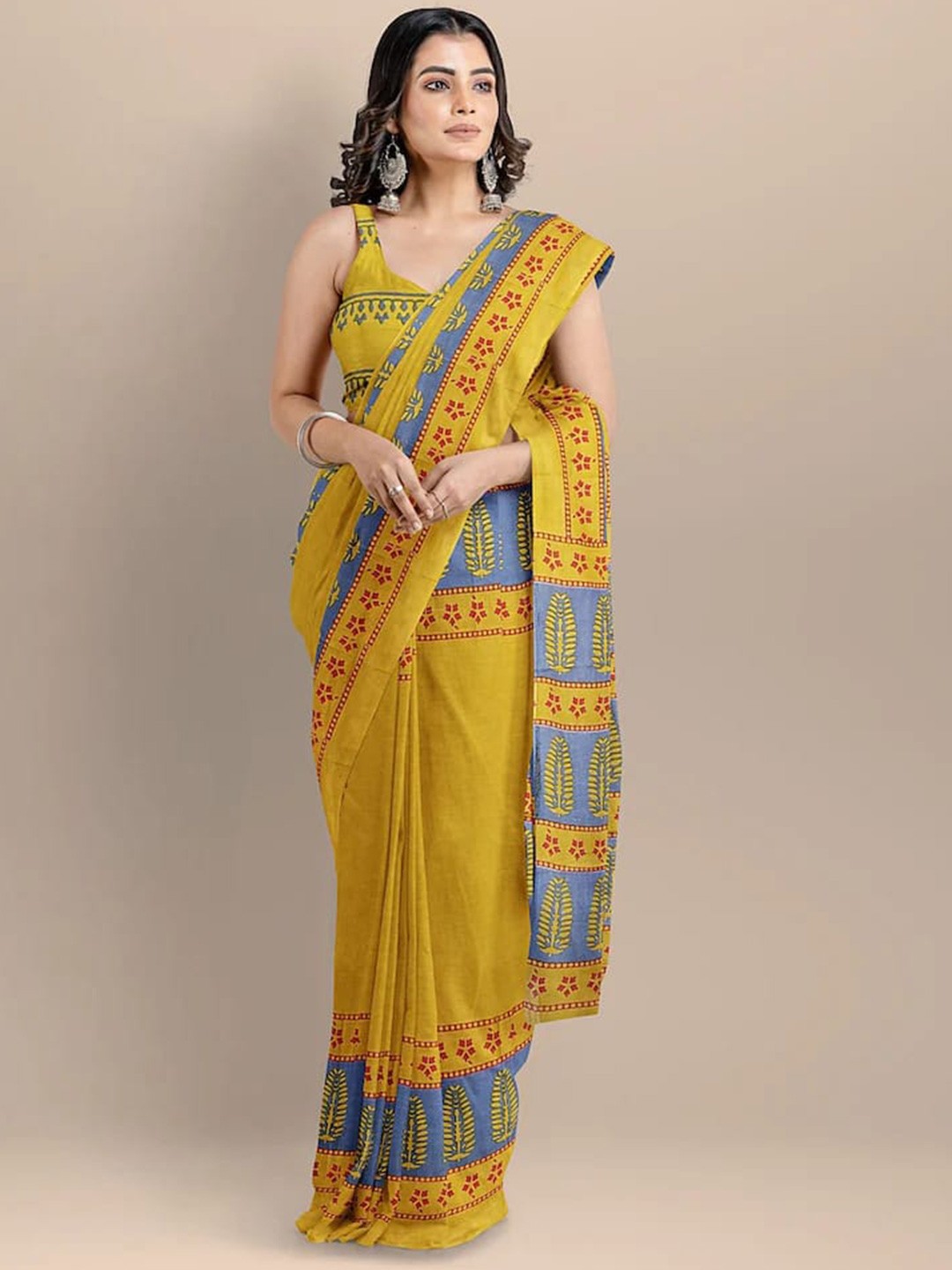 

JAIPURI BLOCK PRINT Ethnic Motifs Printed Pure Cotton Saree, Mustard