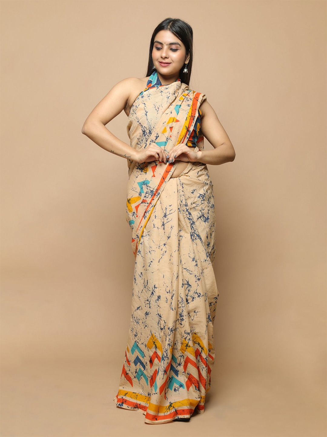 

JAIPURI BLOCK PRINT Abstract Printed Pure Cotton Saree, Peach