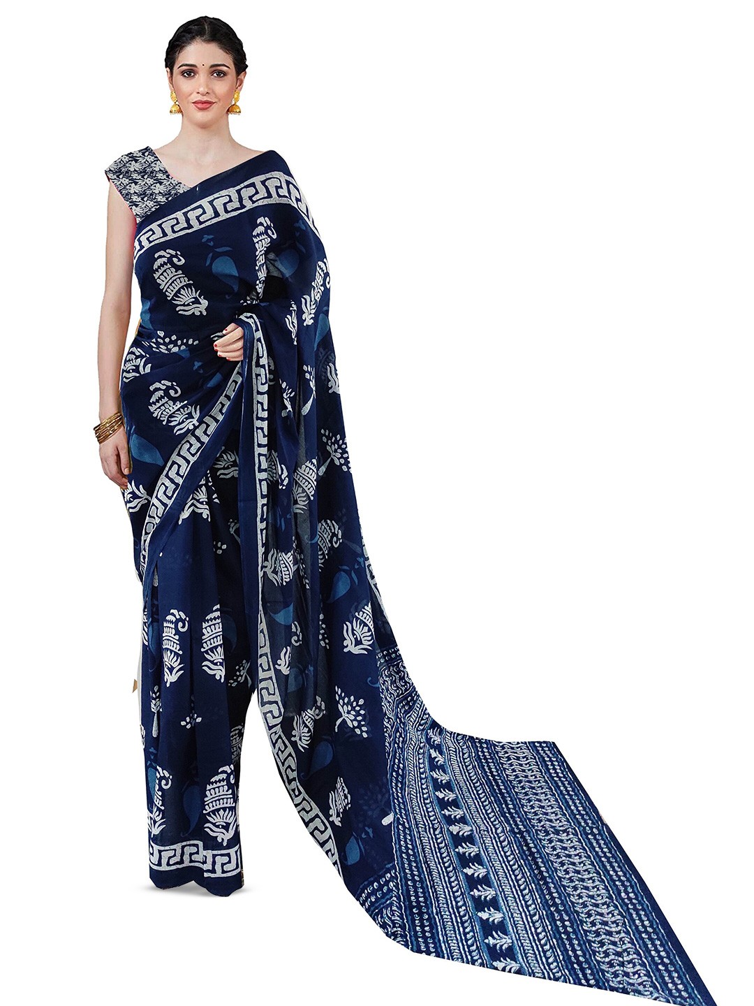 

JAIPURI BLOCK PRINT Ethnic Motifs Printed Pure Cotton Saree, Navy blue