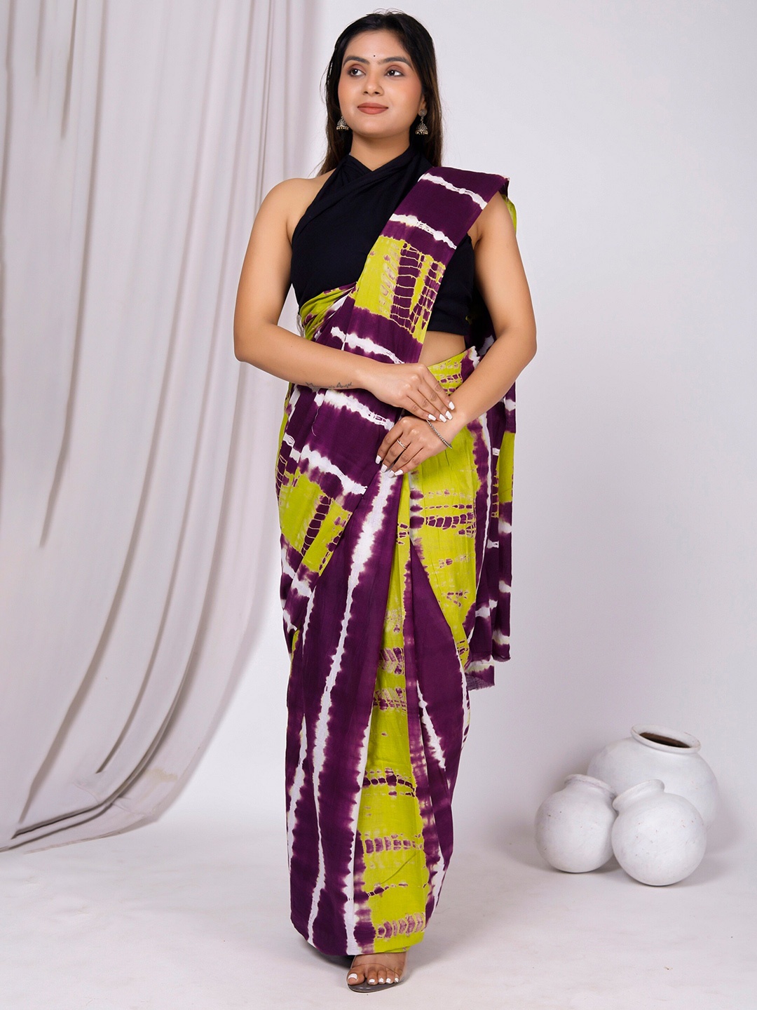 

JAIPURI BLOCK PRINT Tie & Dyed Pure Cotton Saree, Green