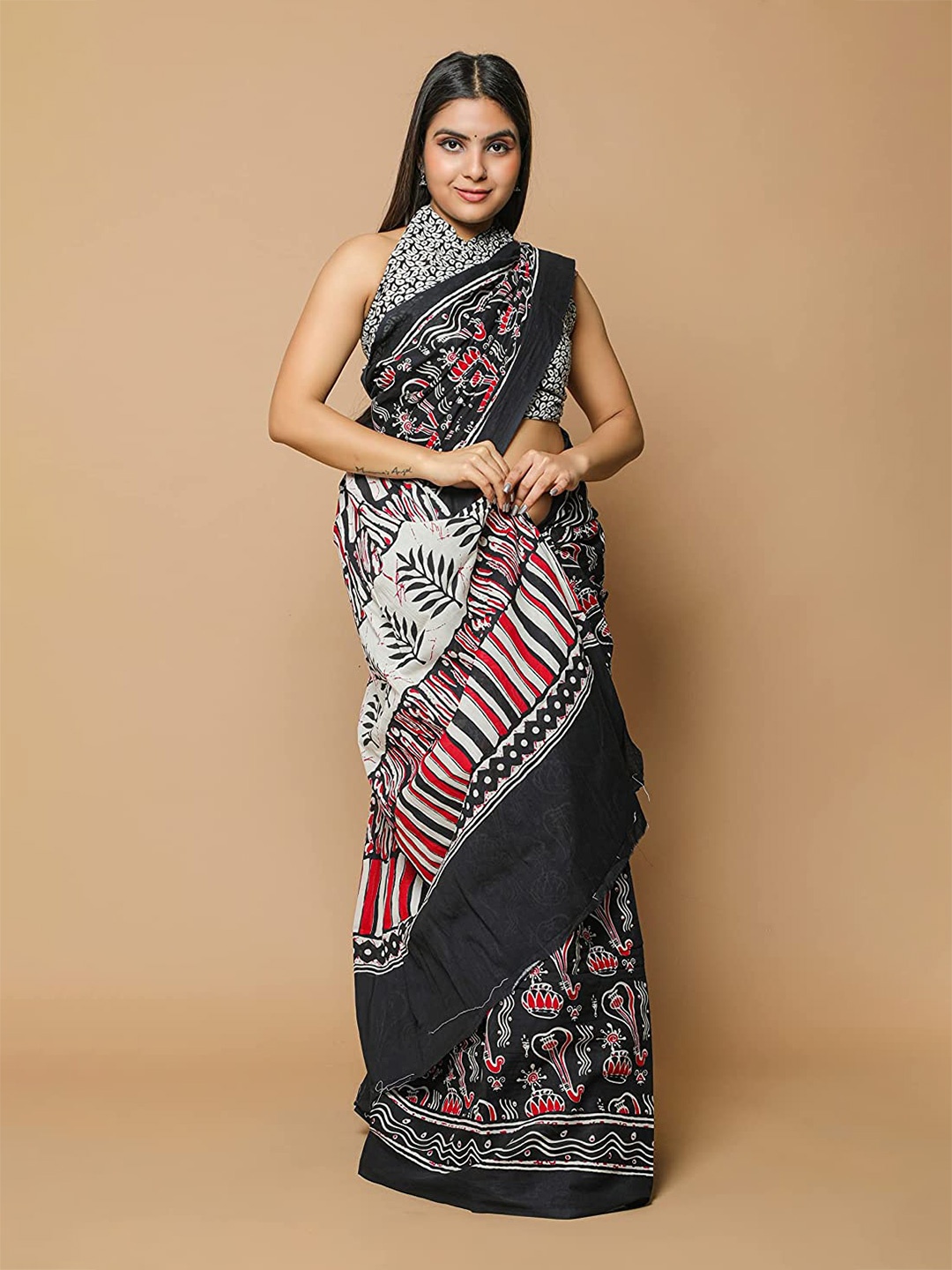 

JAIPURI BLOCK PRINT Ethnic Motif Printed Pure Cotton Saree, Black