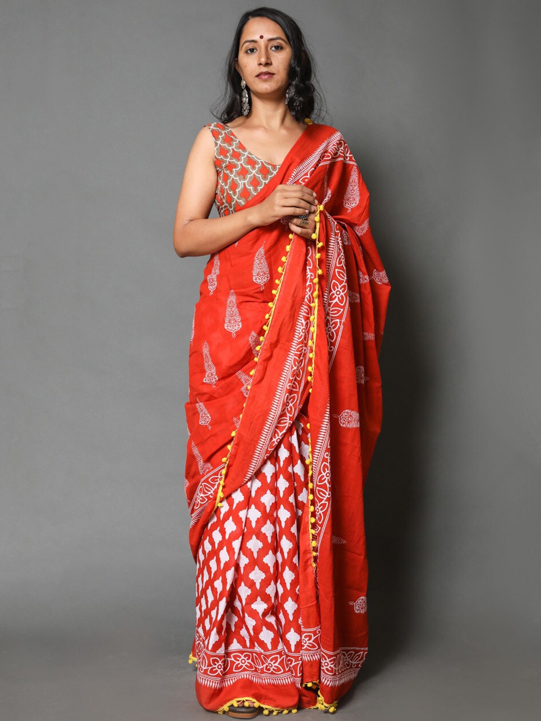 

JAIPURI BLOCK PRINT Ethnic Motifs Mulmul Cotton Bandhani Saree, Red