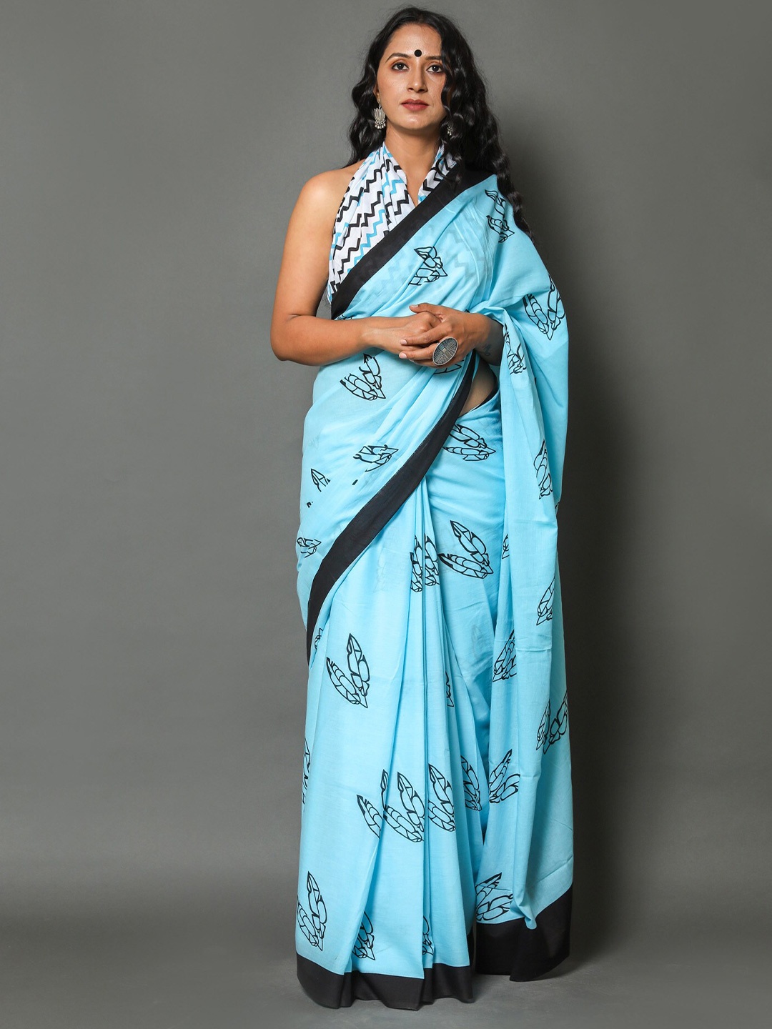 

JAIPURI BLOCK PRINT Abstract Printed Pure Cotton Saree, Turquoise blue