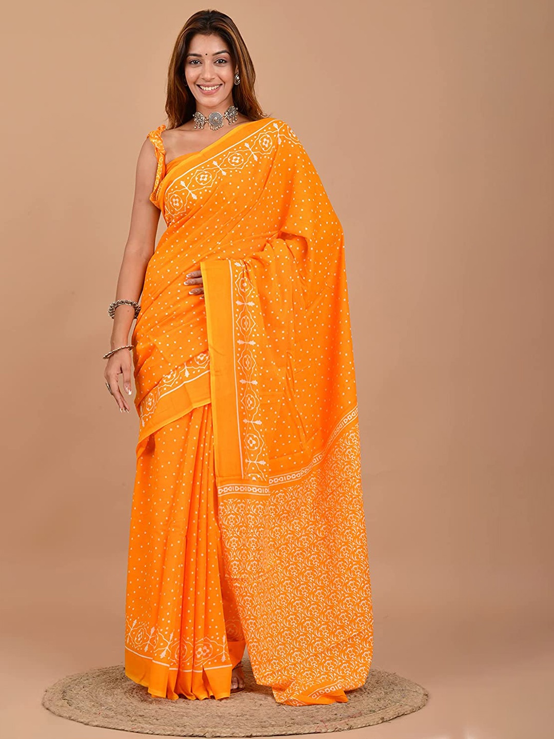 

JAIPURI BLOCK PRINT Polka Dot Printed Pure Cotton Saree, Orange
