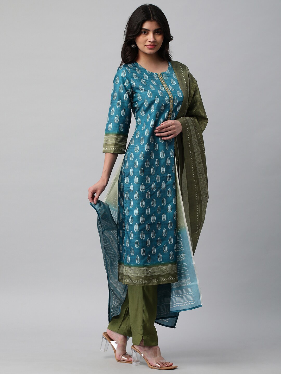 

KAMI KUBI Ethnic Motifs Printed Thread Work Detailed Unstitched Dress Material, Blue