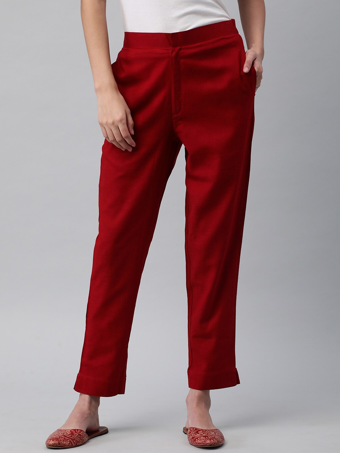 

KAMI KUBI Women Straight Fit Cotton Casual Trousers, Maroon