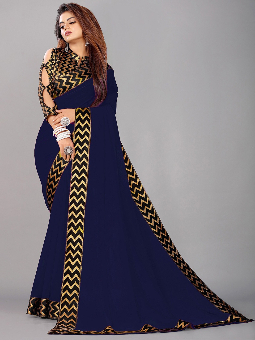 

Reeta Fashion Zari Pure Georgette Lace Saree, Navy blue