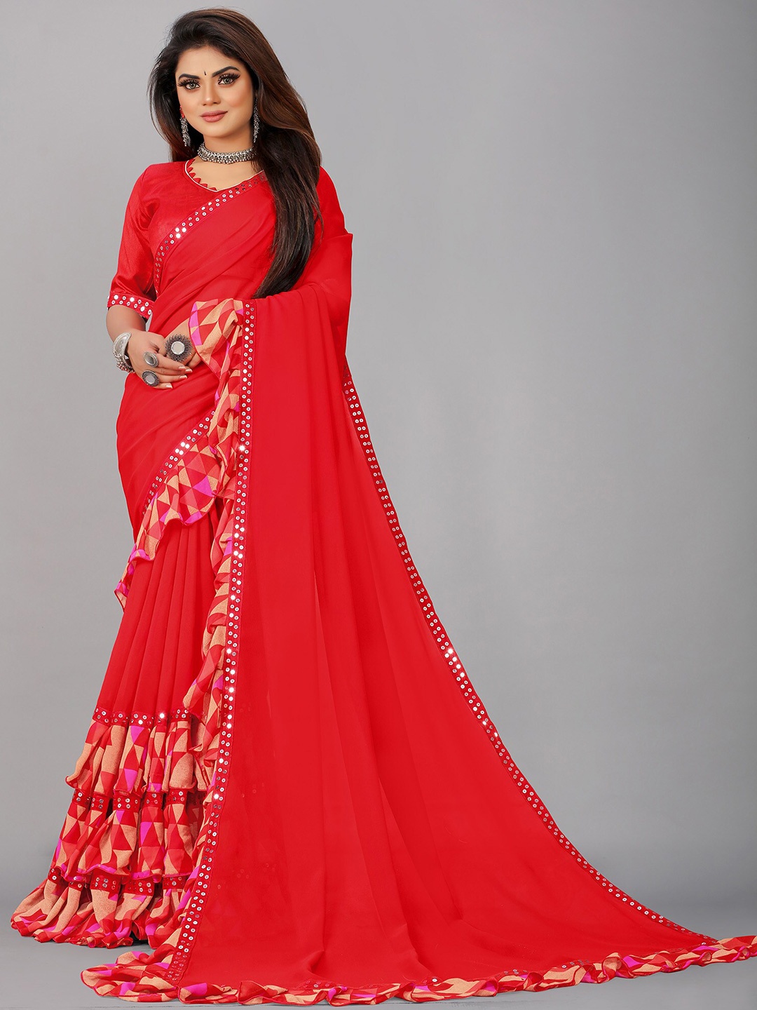

Reeta Fashion Sequinned Pure Georgette Ruffles Saree, Red
