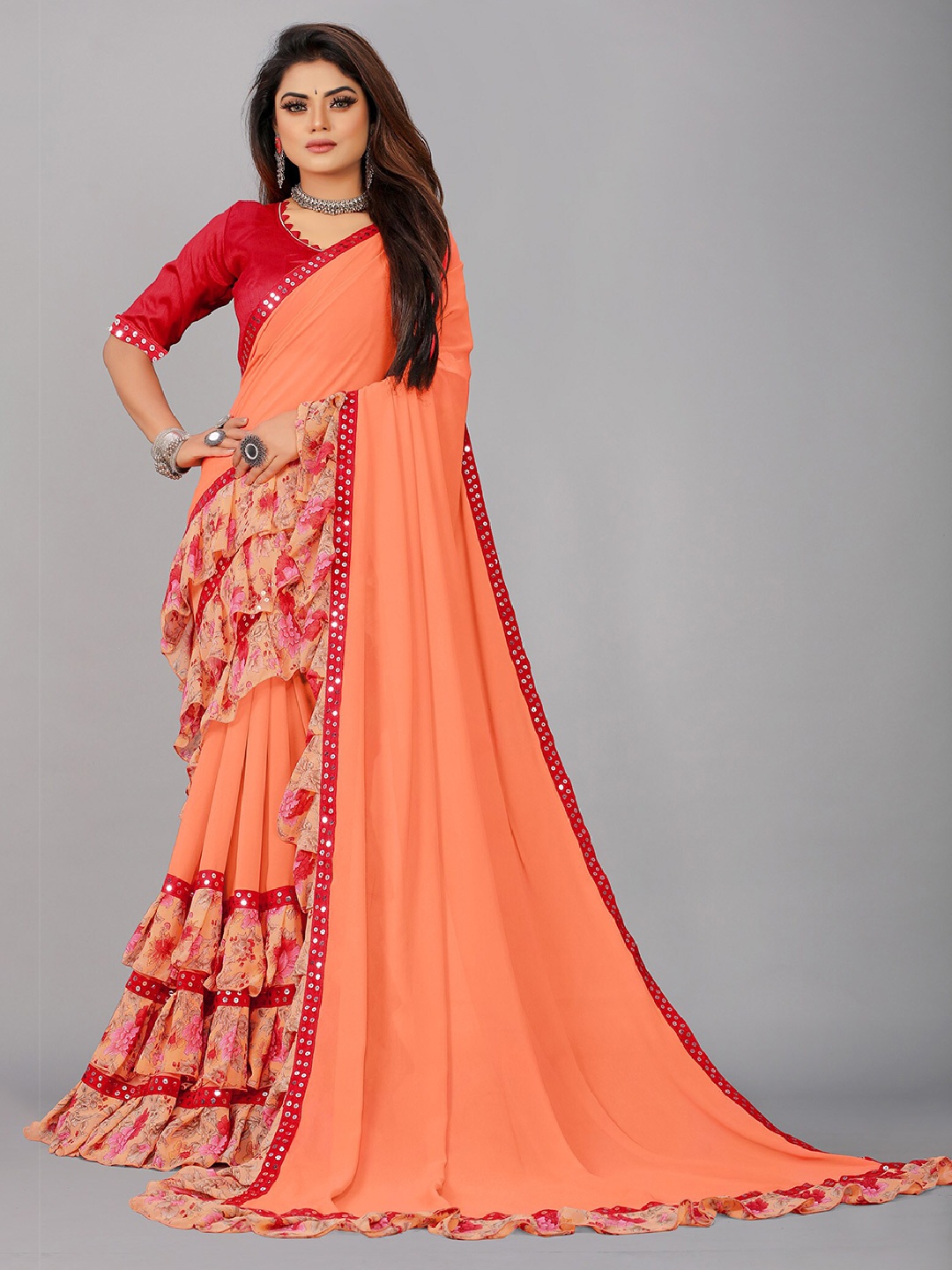 

Reeta Fashion Floral Printed Sequinned Pure Georgette Ruffles Saree, Orange