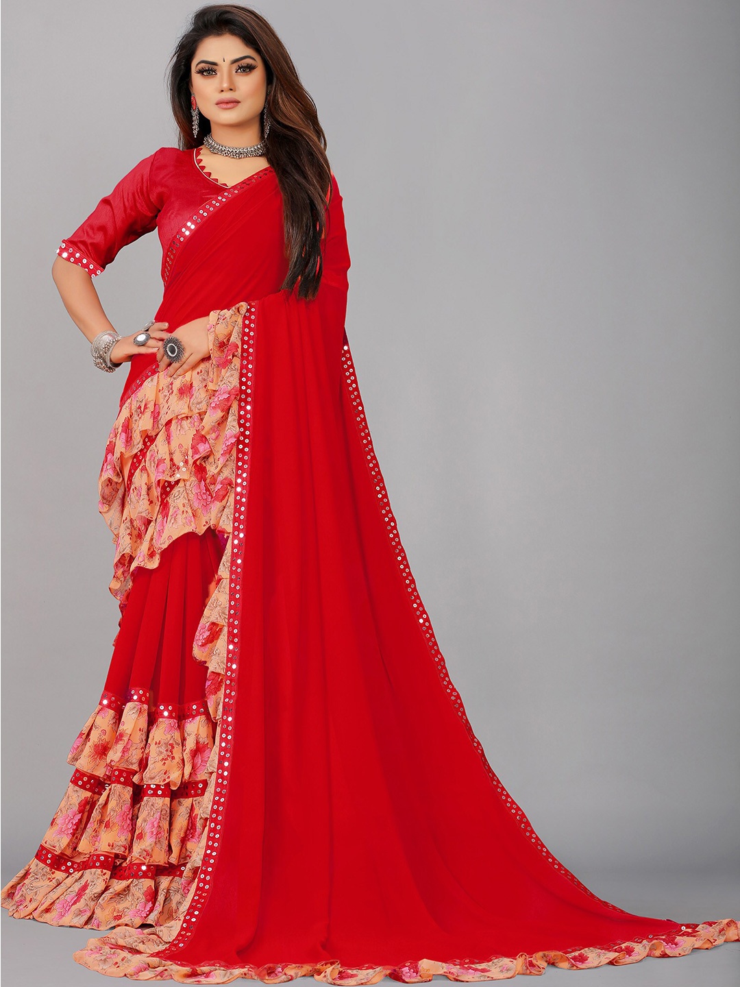 

Reeta Fashion Floral Printed Zari Pure Georgette Saree, Red